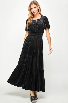Heritage-Brand Neutral Finish Black Velvet Tiered Midi Dress