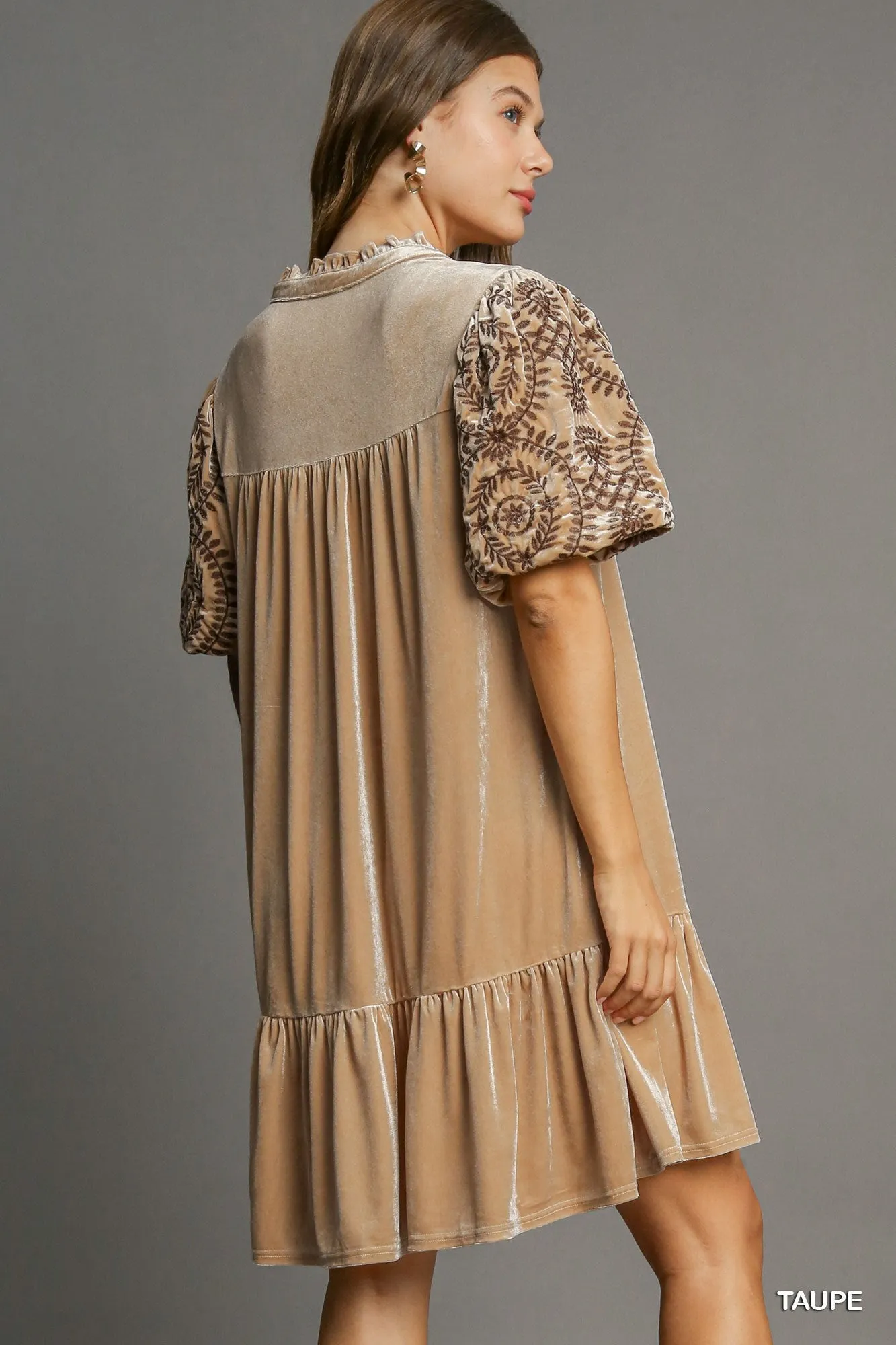 Taupe Velvet Dress w/ Embroidered Puff Sleeves Perfect Proportion Fashionable Touch