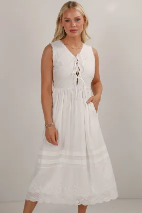 FINAL SALE - All I Could Want White Eyelet Bow Midi Dress Pure Fit