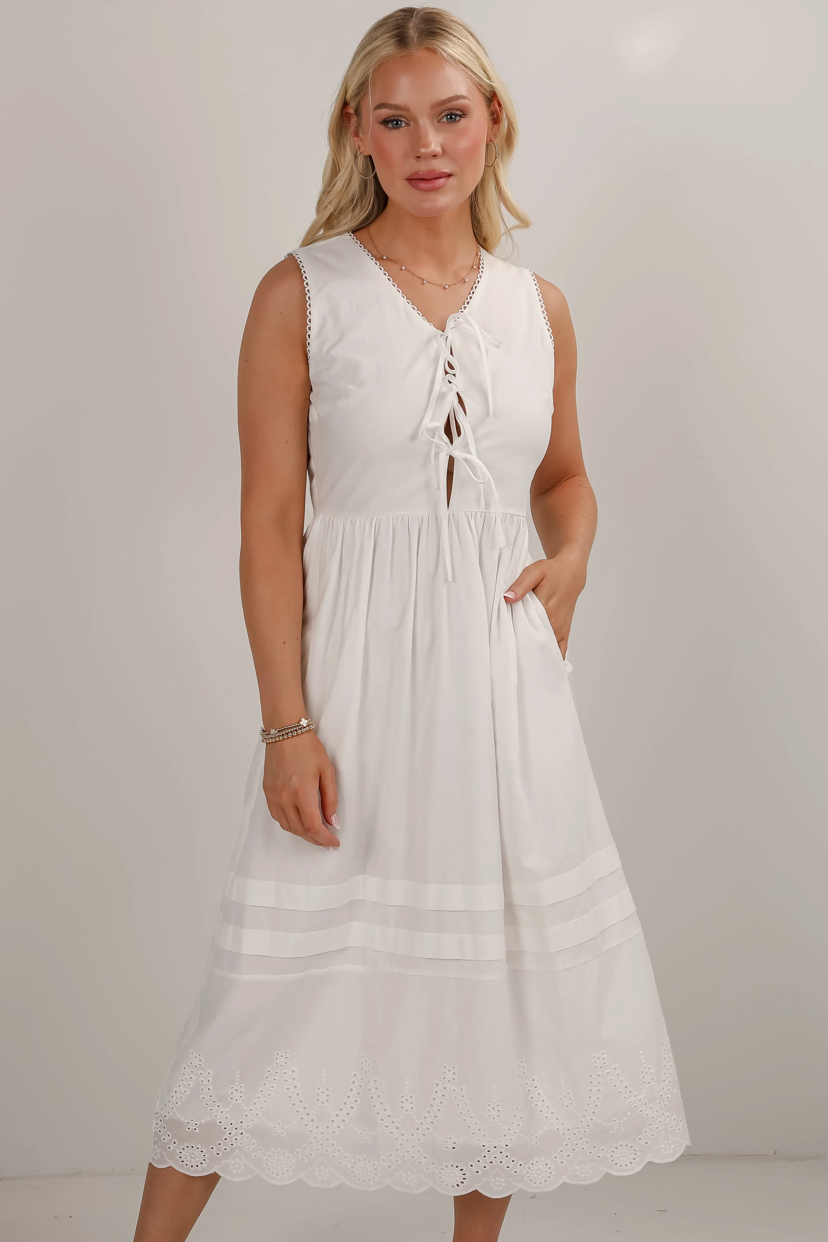 Fashionable Touch FINAL SALE - All I Could Want White Eyelet Bow Midi Dress