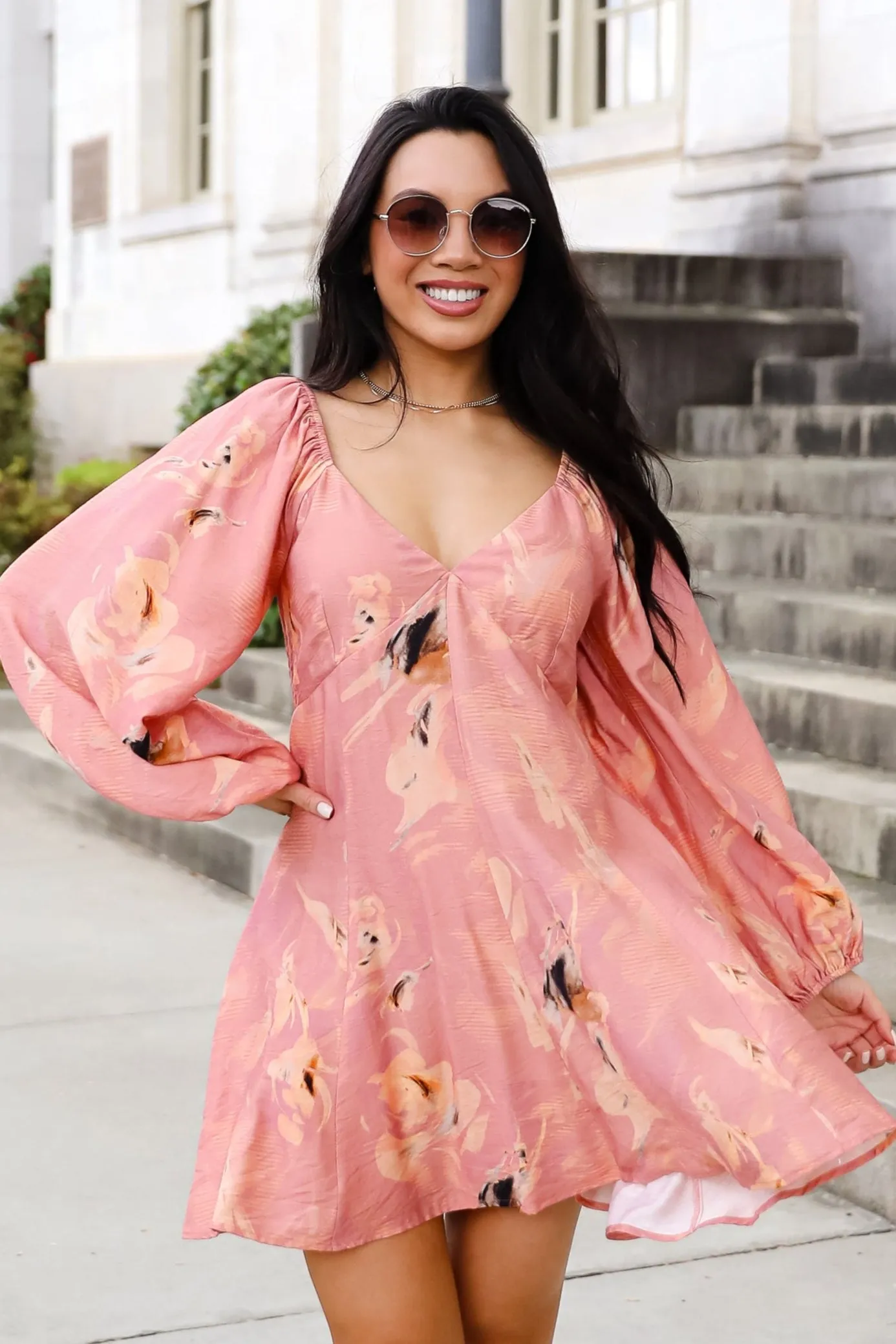 Mesh-Detail FINAL SALE - Bloom With A View Mauve Floral Mini Dress