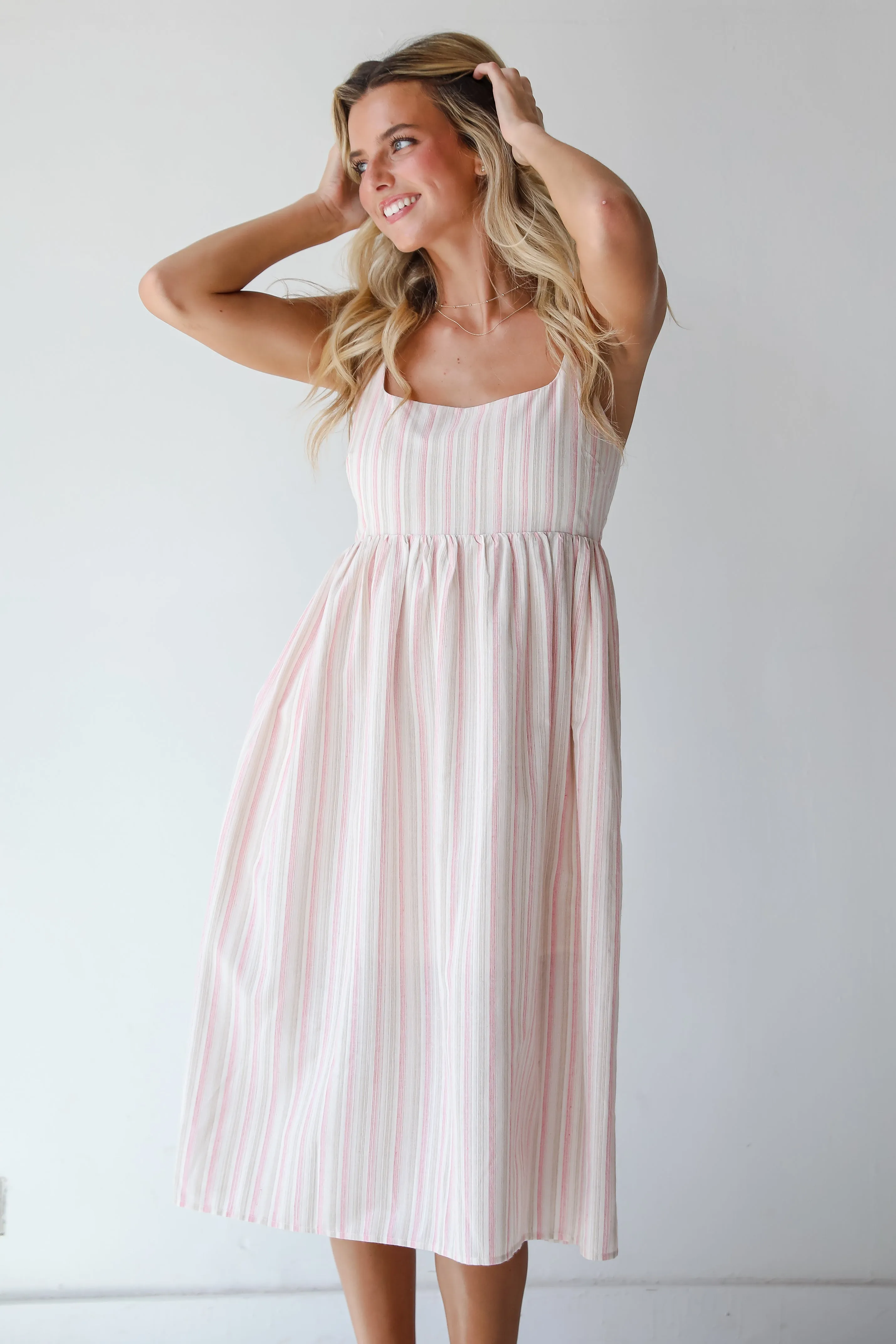 FINAL SALE - Charmed Energy Pink Striped Midi Dress Minimalist Style Effortless Waist Design