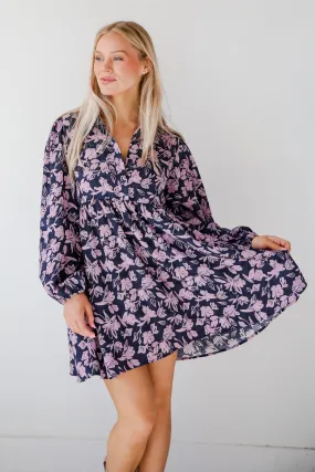 FINAL SALE - Chic Sense Navy Floral Babydoll Mini Dress Elastic-Cuff