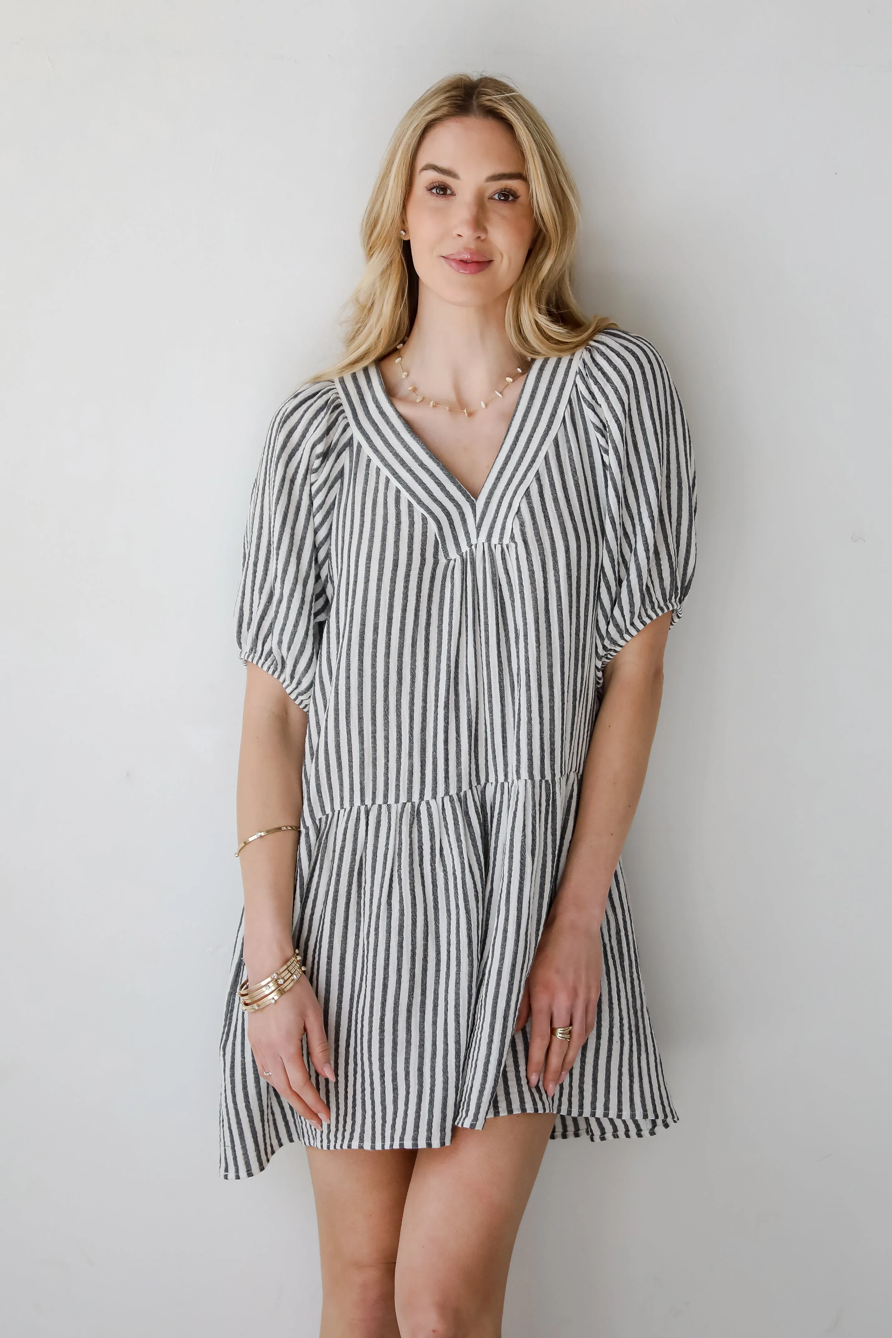 Feminine Fit FINAL SALE - Covetable Vibe Charcoal Striped Linen Mini Dress