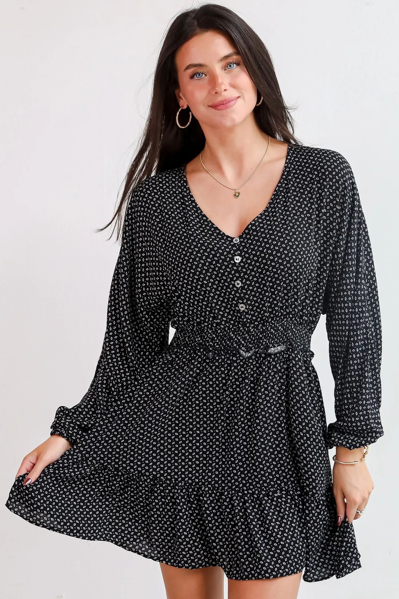 FINAL SALE - Desirably Dramatic Black Mini Dress Tiered-Skirt