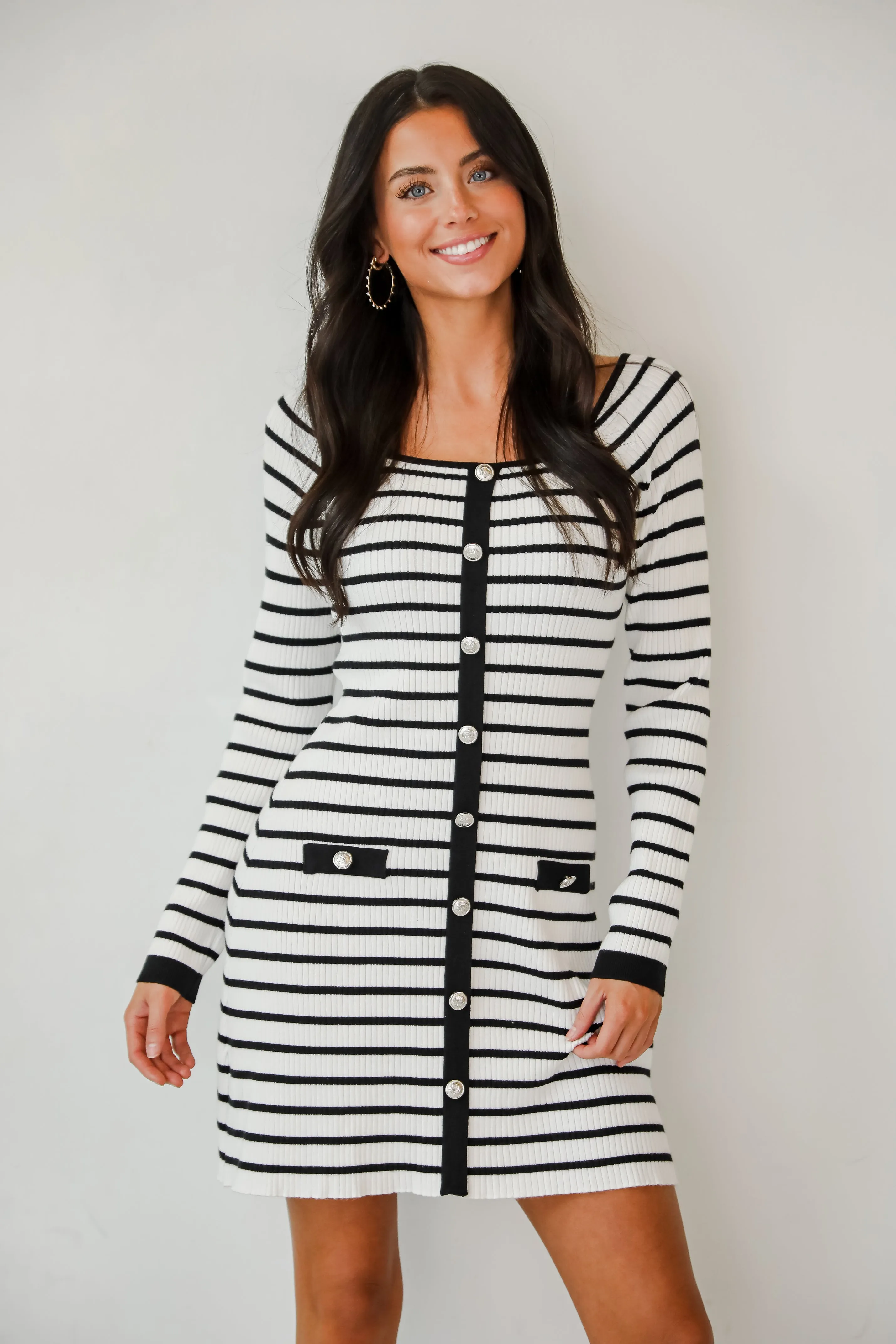 FINAL SALE - Enchanting Edge Ivory Striped Ribbed Knit Mini Dress Side-Pocket Lightweight Layer