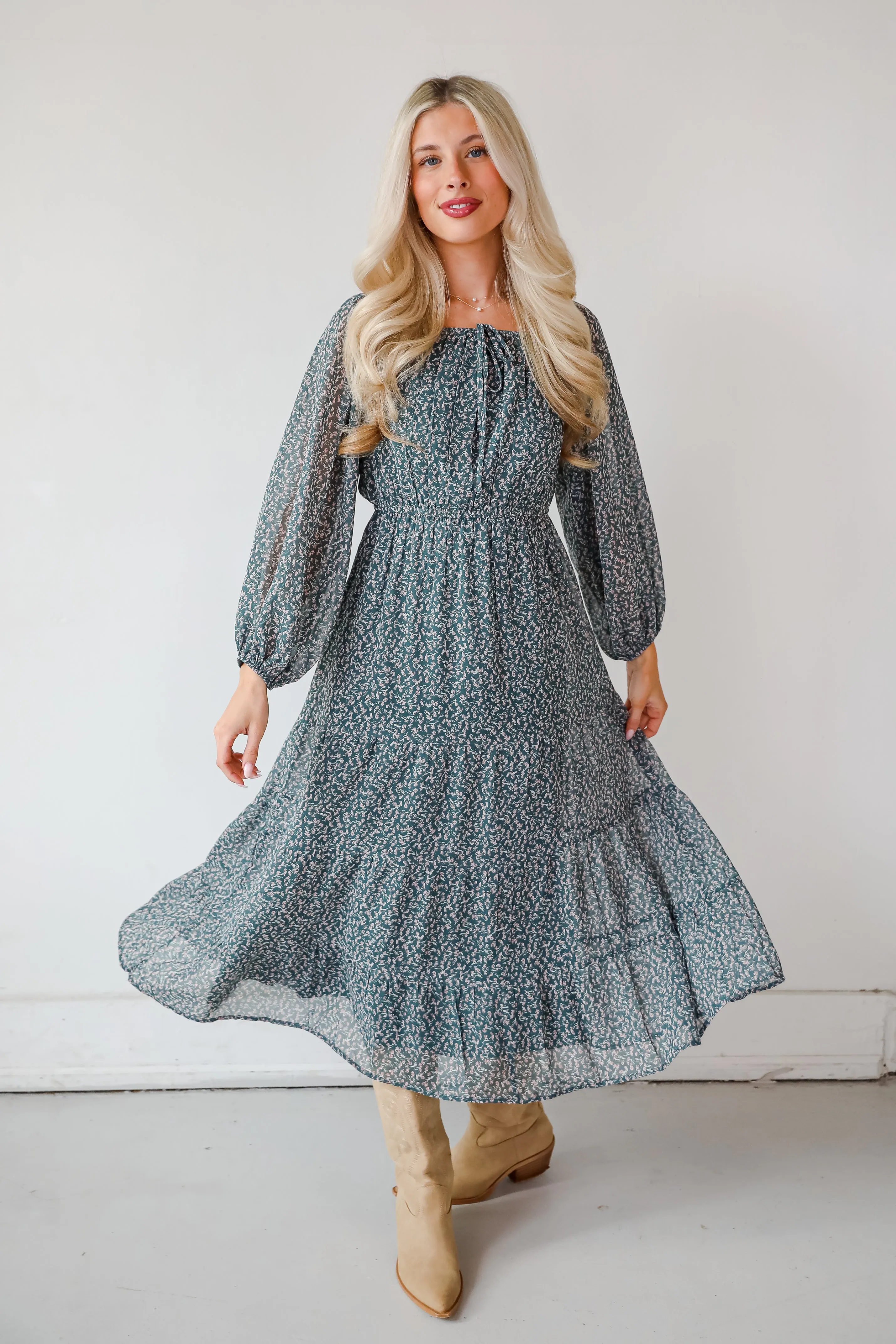 FINAL SALE - Endlessly Darling Teal Floral Midi Dress Floral design Confident Touch