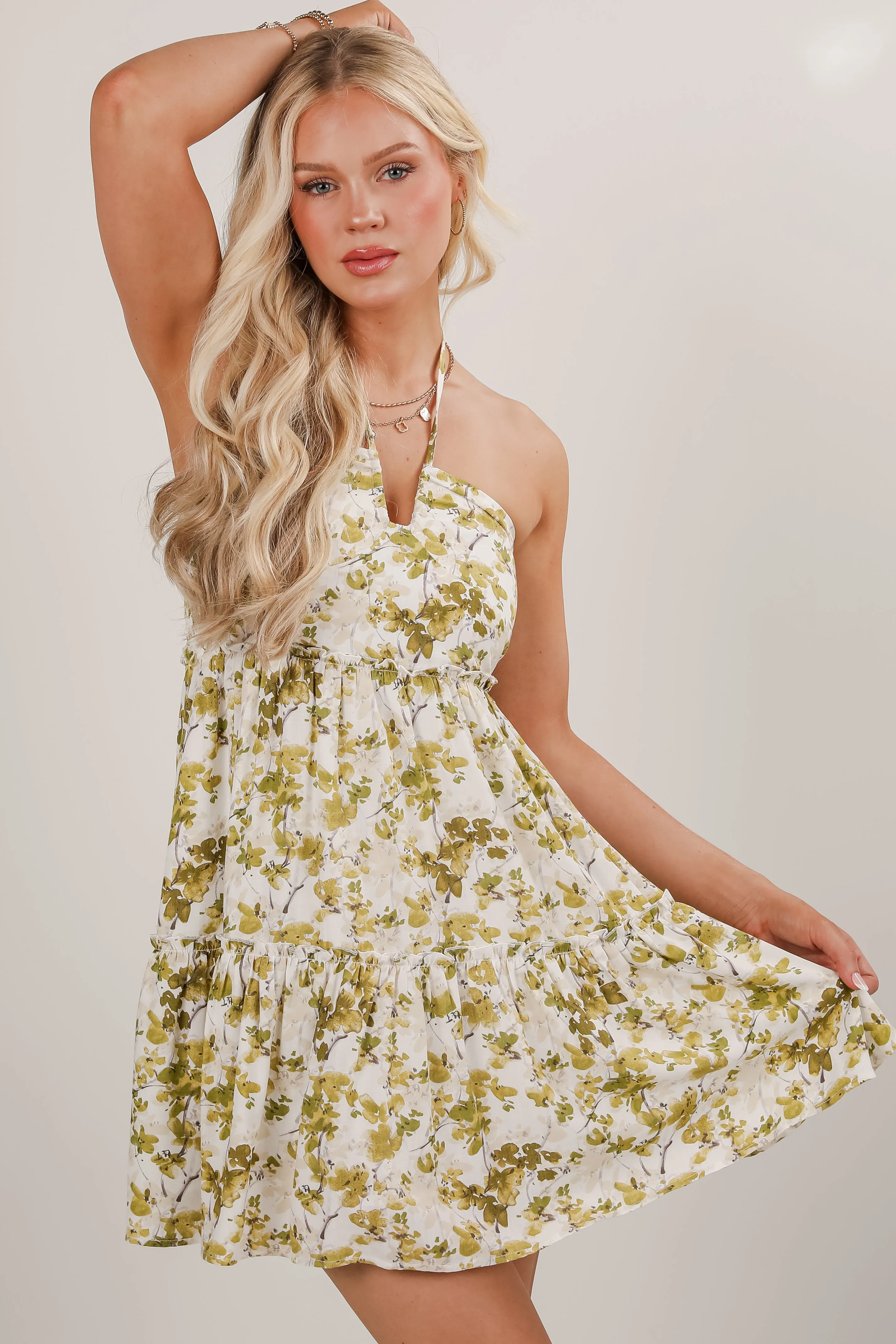Stylish Wear FINAL SALE - Falling In Love Light Olive Floral Halter Mini Dress