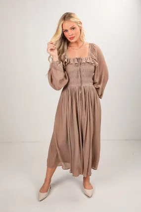 FINAL SALE - Feeling Radiant Taupe Midi Dress Lightweight-Comfort Dropped-Waist