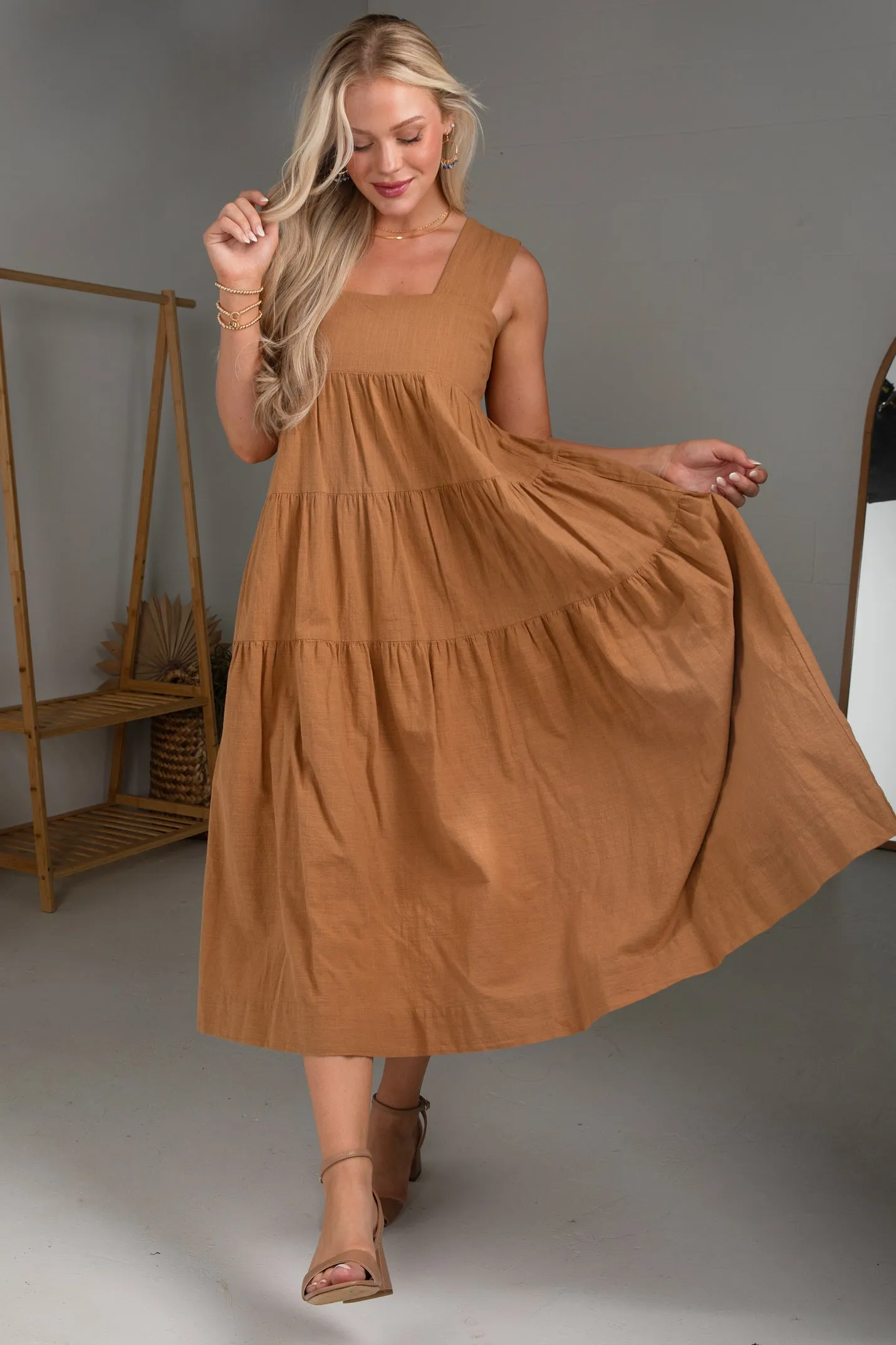 Elegant holiday wear FINAL SALE - Find Your Flow Camel Tiered Midi Dress
