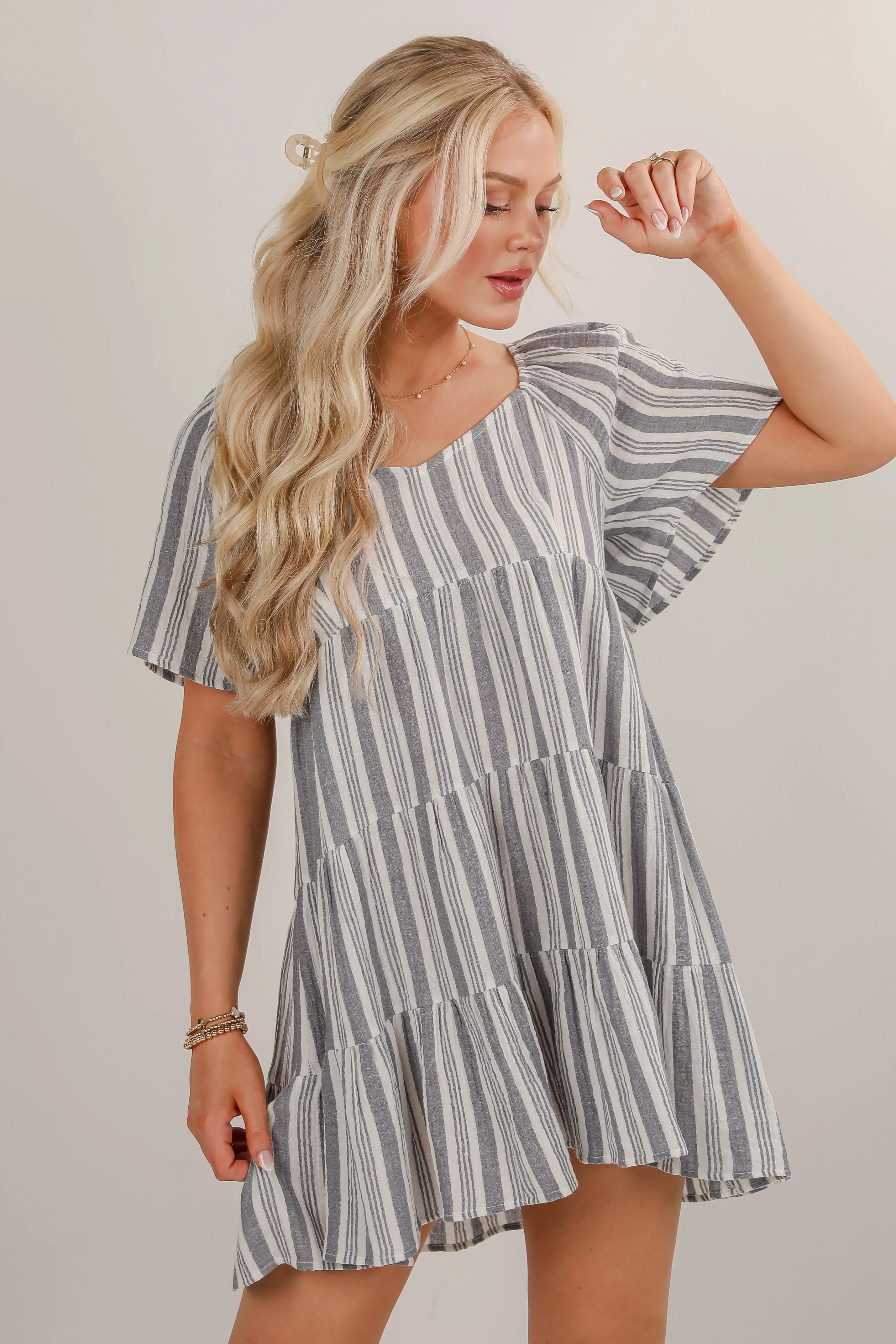 FINAL SALE - Hold Your Breath Denim Striped Linen Tiered Mini Dress Dance Night Refined Stitch