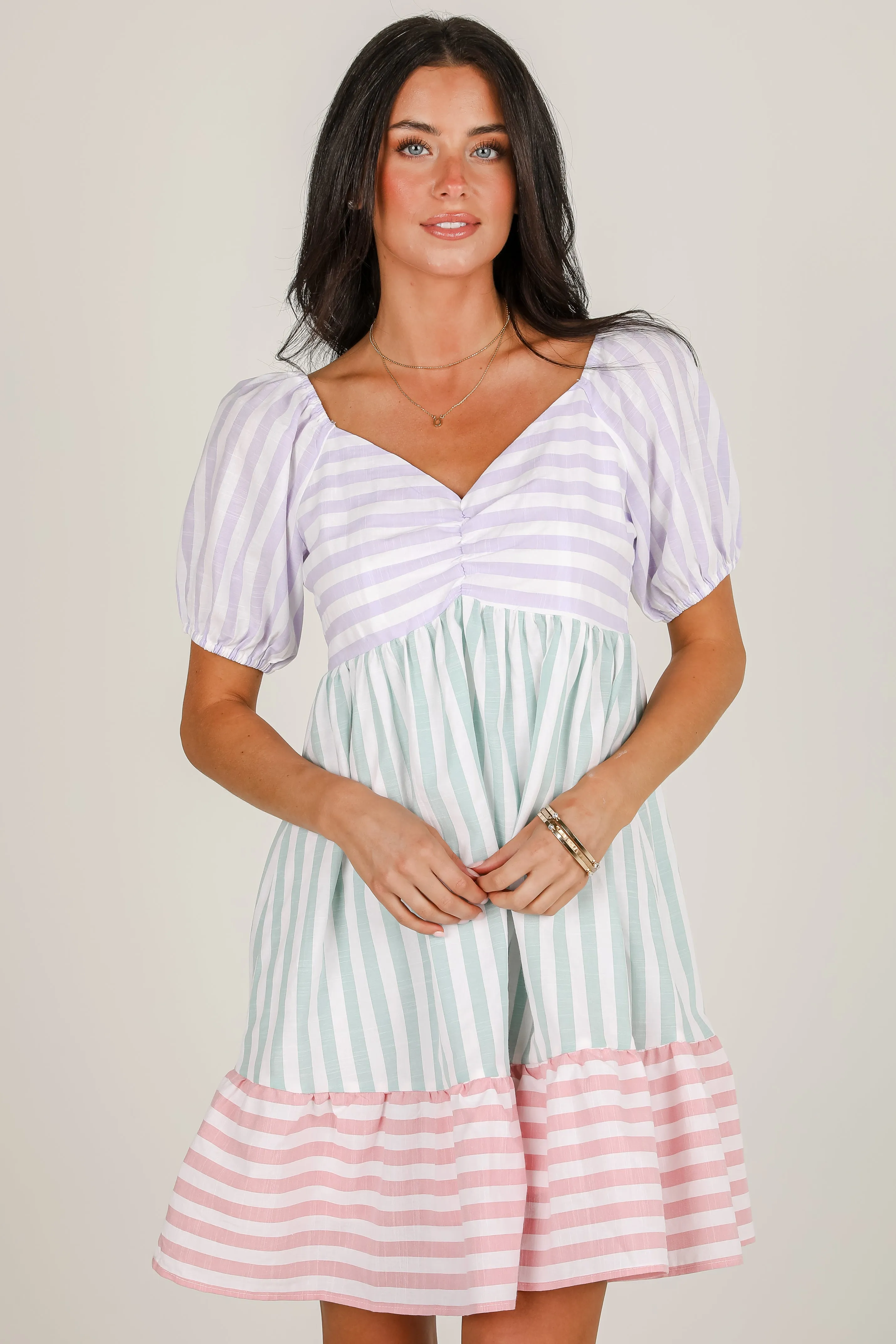 Effortless Elegance Sweetheart-Neck FINAL SALE - Just Lovely Multi Striped Color Block Babydoll Mini Dress
