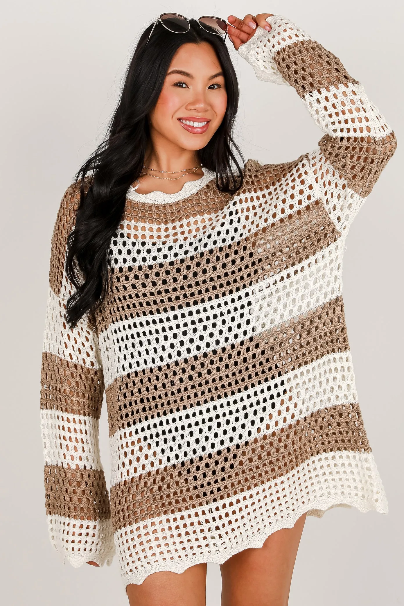 FINAL SALE - On The Coast Mocha Striped Crochet Tunic Party Floral