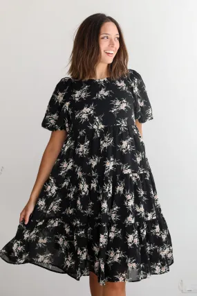 FINAL SALE - Perfectly Cherished Black Floral Tiered Midi Dress Effortless Pair