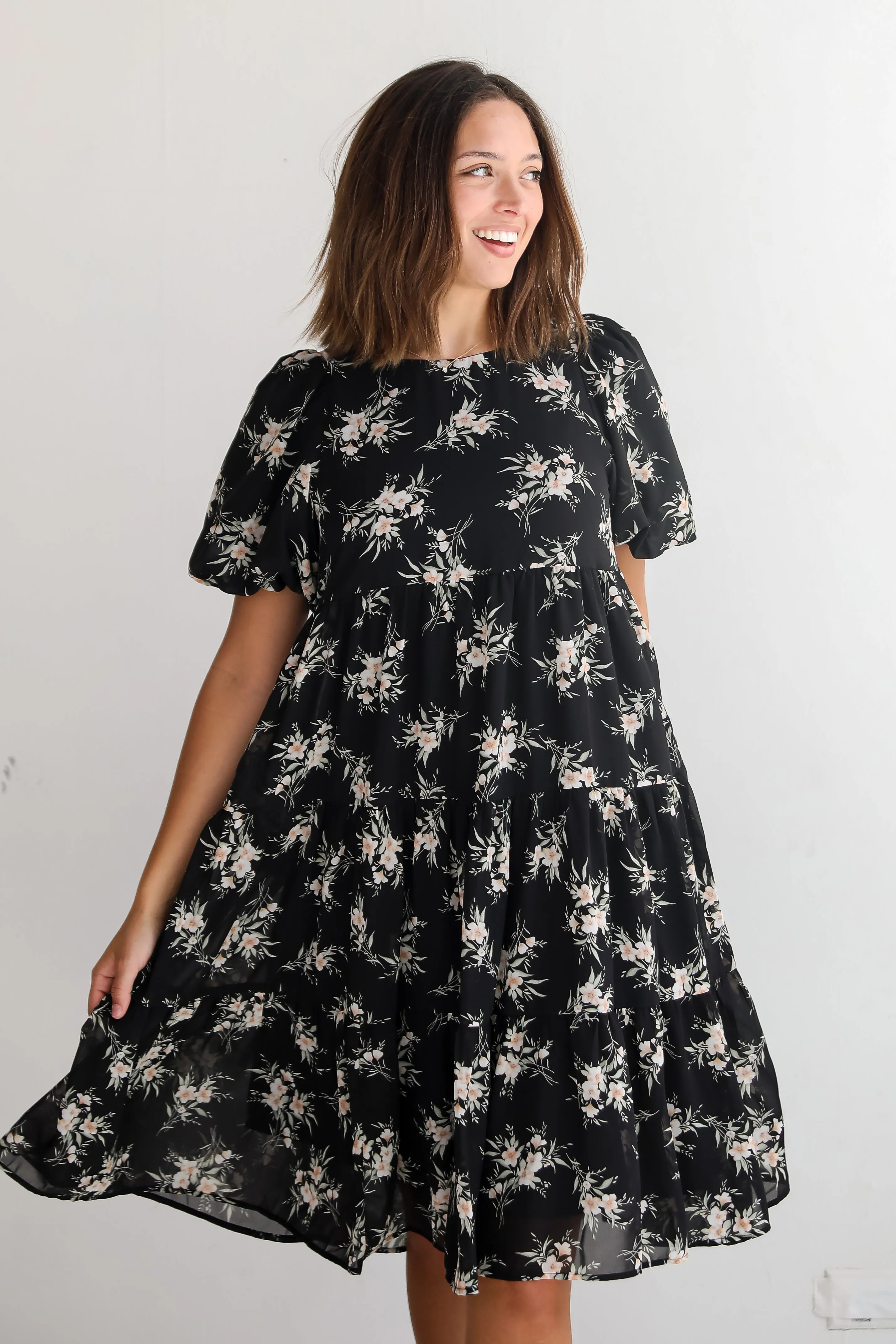 FINAL SALE - Perfectly Cherished Black Floral Tiered Midi Dress Lightweight-Comfort Event Perfect