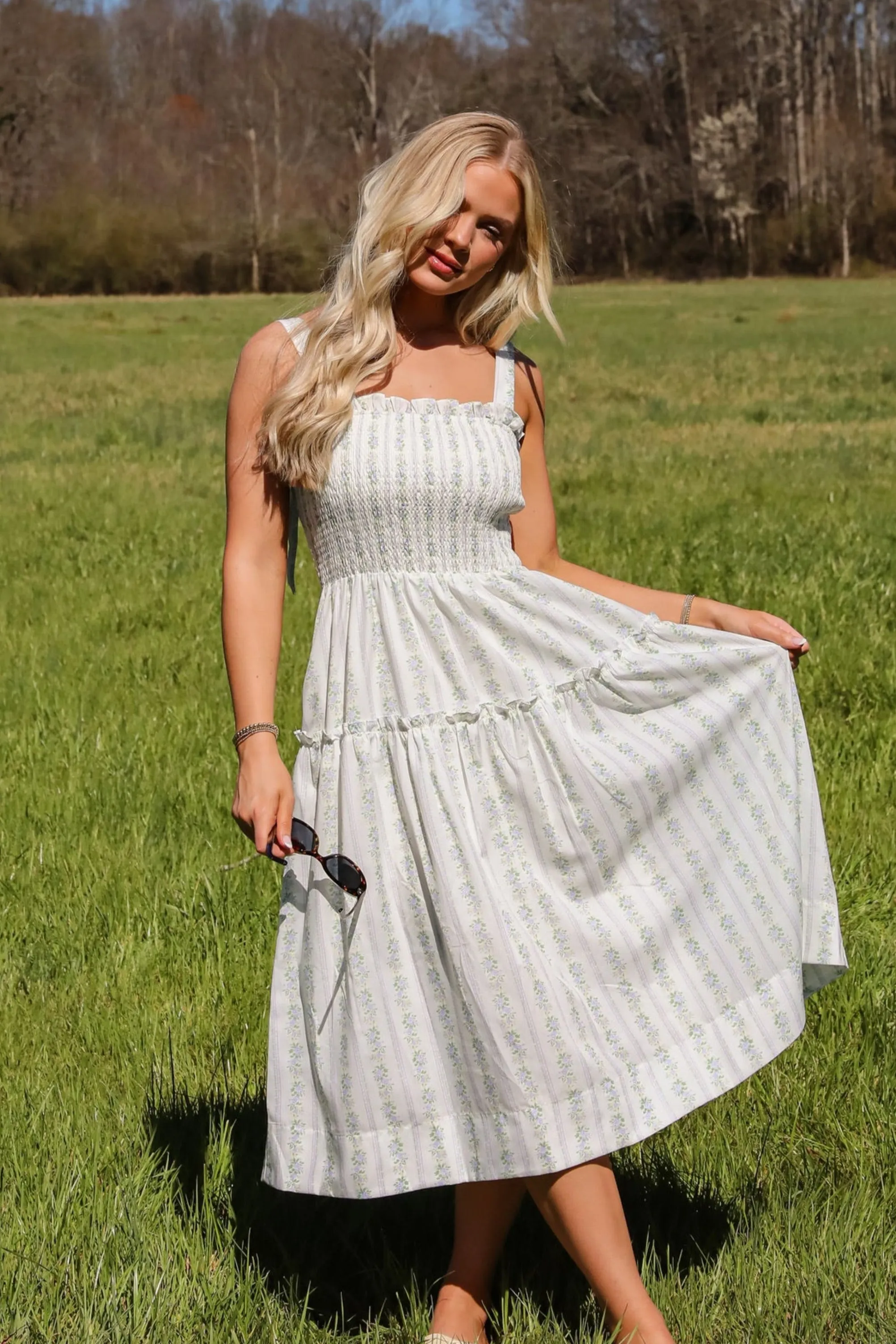 FINAL SALE - Precious Allure Ivory Smocked Floral Midi Dress Layered-Sleeve Slender Look