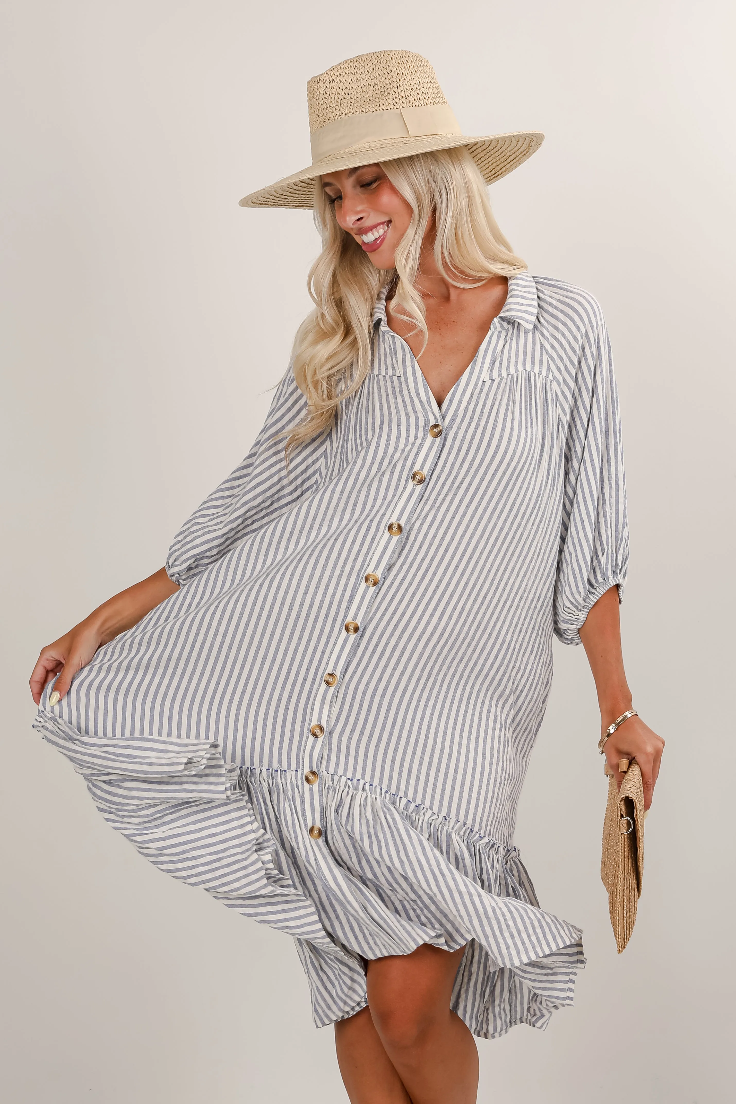 FINAL SALE - Prettiest Invite Striped Seersucker Midi Dress Smart and Sleek