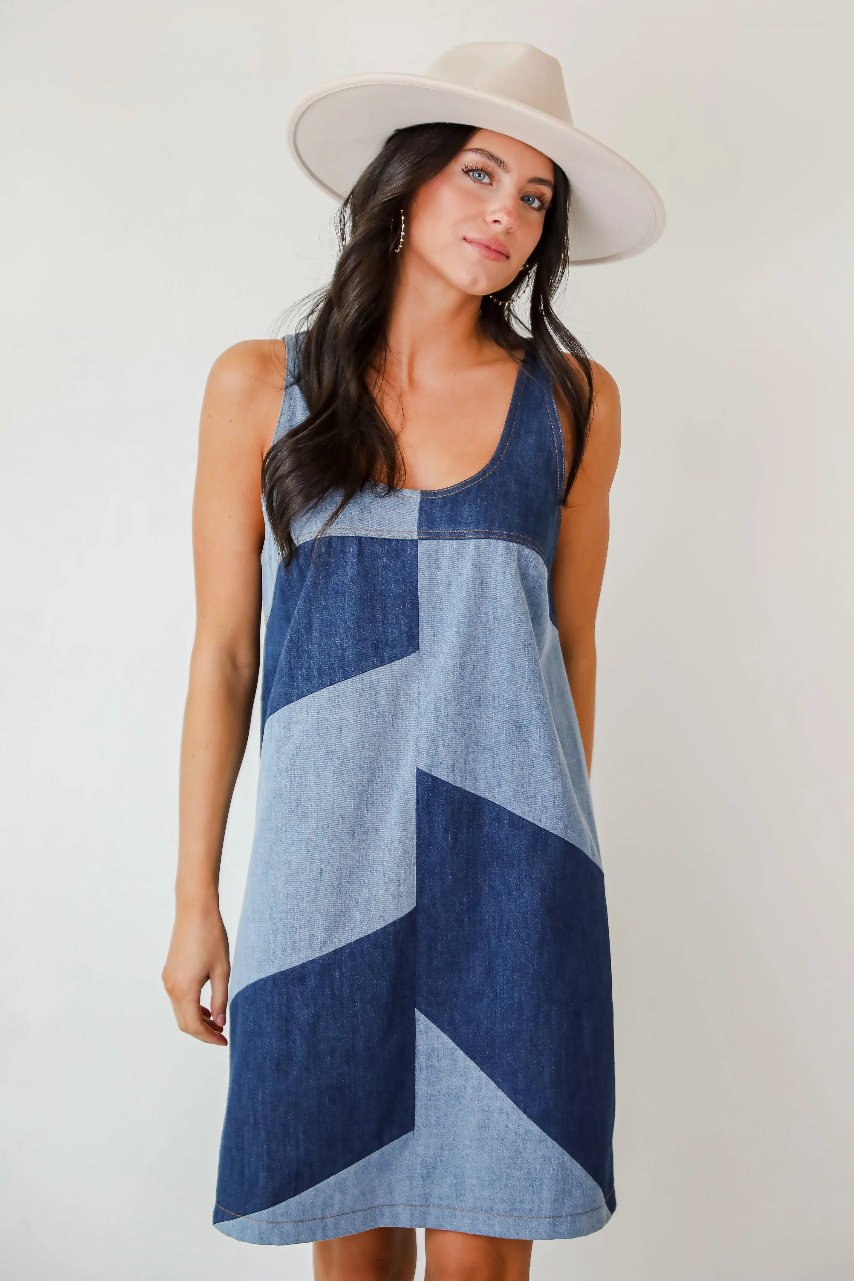 FINAL SALE - Sincerely Poised Denim Color Block Mini Dress Urban Chic Indoor Event