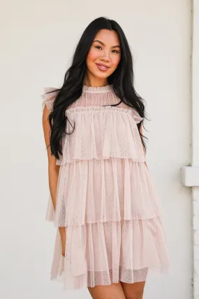 FINAL SALE - So Dreamy Nude Tulle Tiered Mini Dress Off-Shoulder Effortless Layer Wear