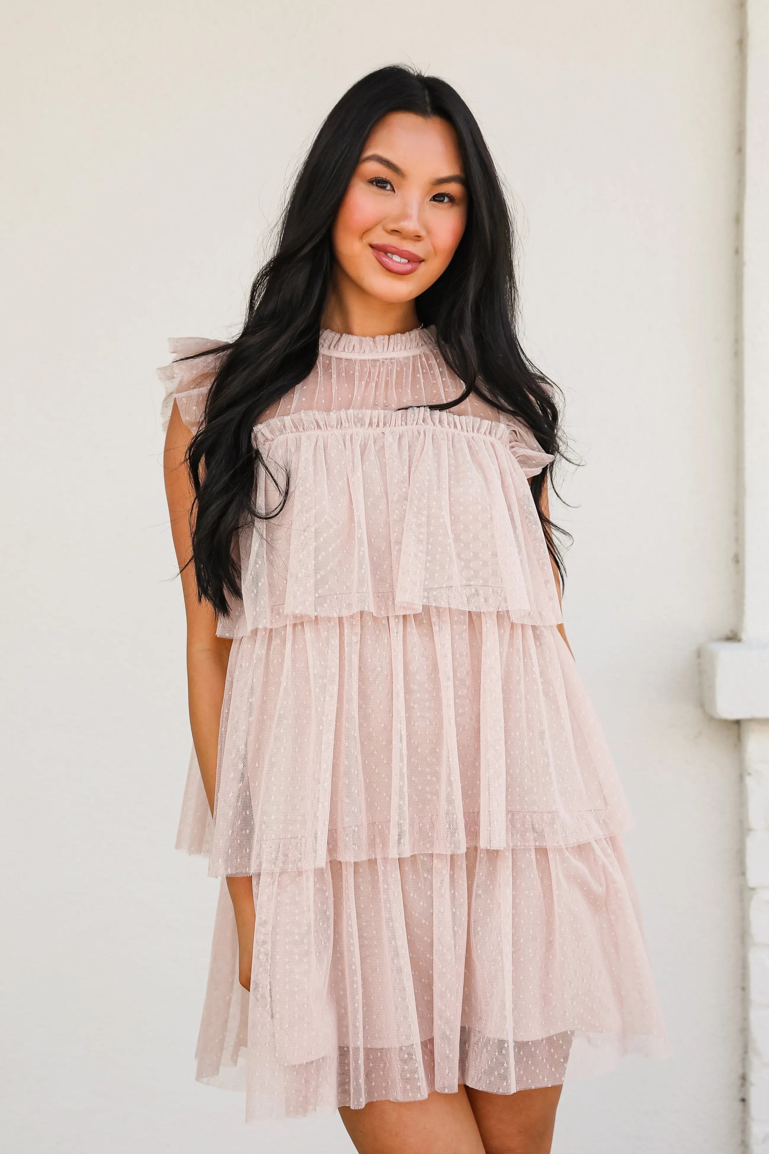 Holiday Wear Daily Silhouette FINAL SALE - So Dreamy Nude Tulle Tiered Mini Dress