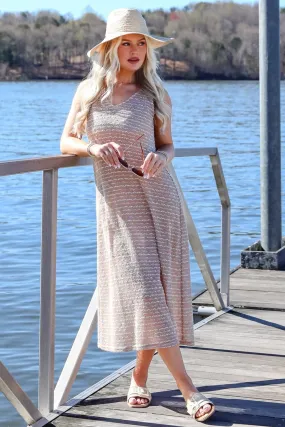 Quilted-Lining Stretch-Recovery FINAL SALE - Sunset Vibes Mocha Crochet Knit Midi Dress