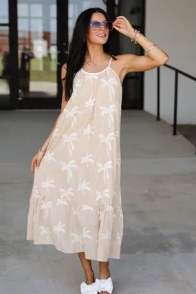 Premium Quality Gemstone-Detail FINAL SALE - Take Me To The Tropics Taupe Palm Tree Maxi Dress