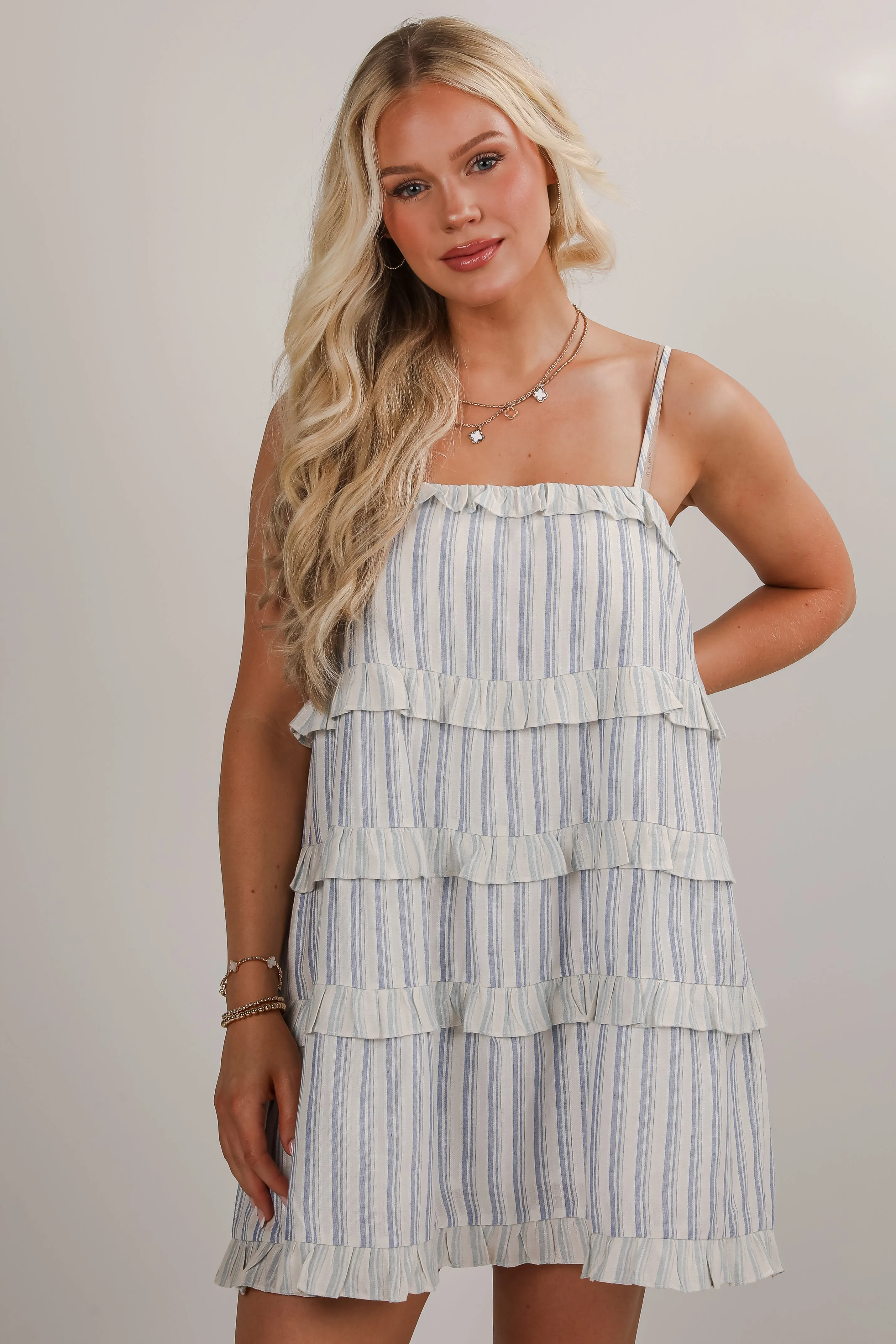 FINAL SALE - Wondrous Muse Light Blue Striped Tiered Ruffle Mini Dress Soft Outfit Lounge Style