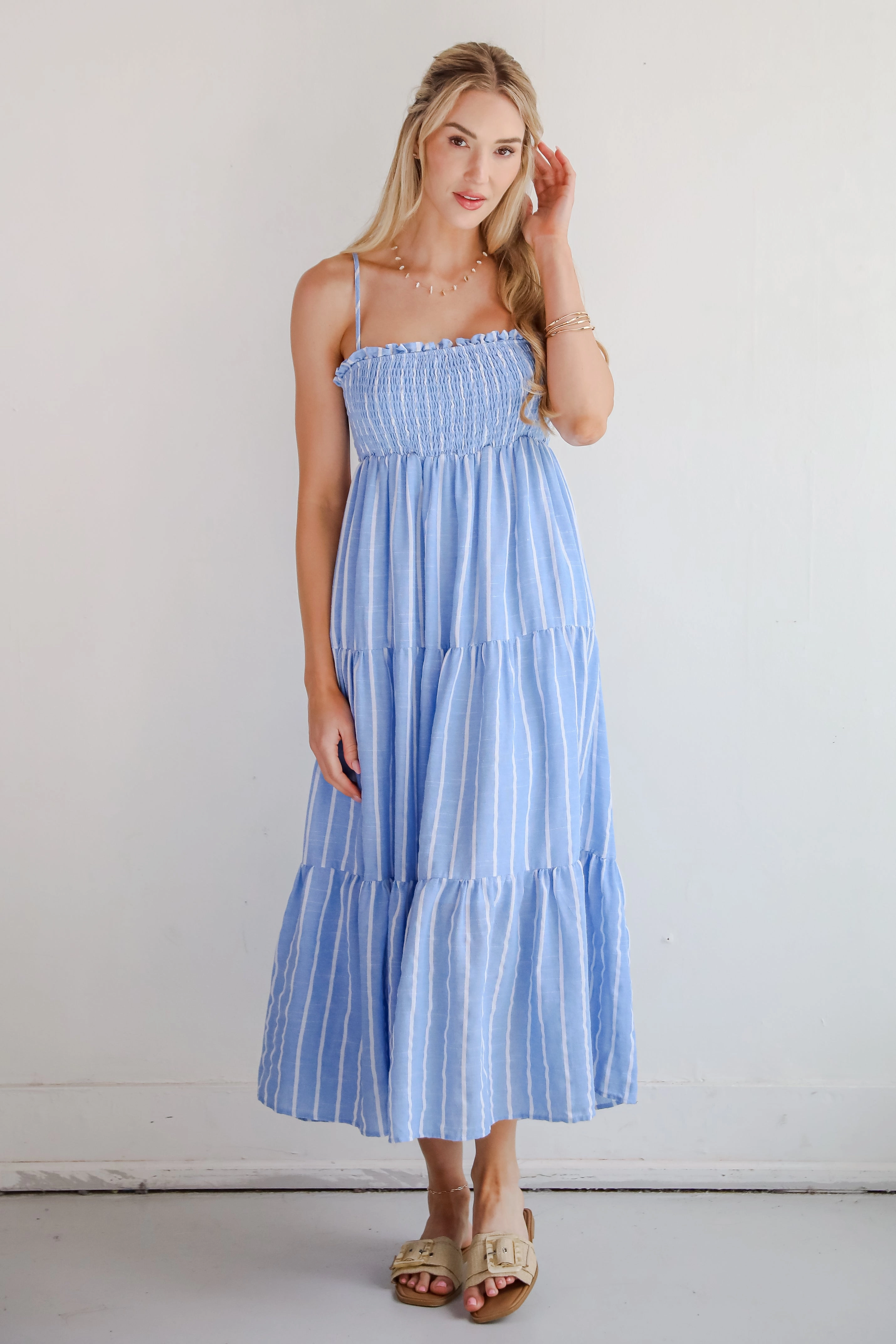 FINAL SALE - Dreamy Getaway Blue Striped Tiered Maxi Dress Urban Cool Smart Casual