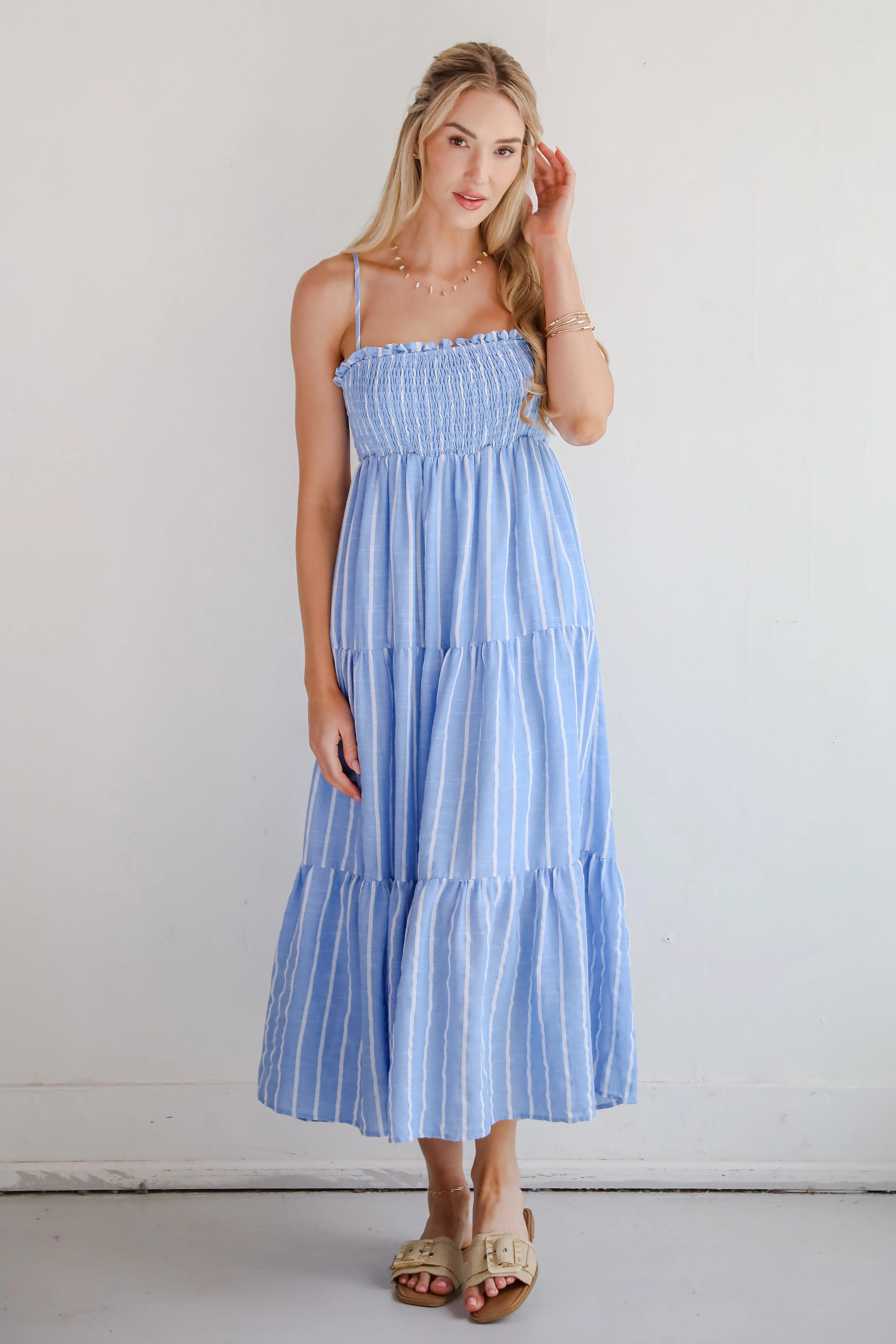 FINAL SALE - Dreamy Getaway Blue Striped Tiered Maxi Dress Polished Design
