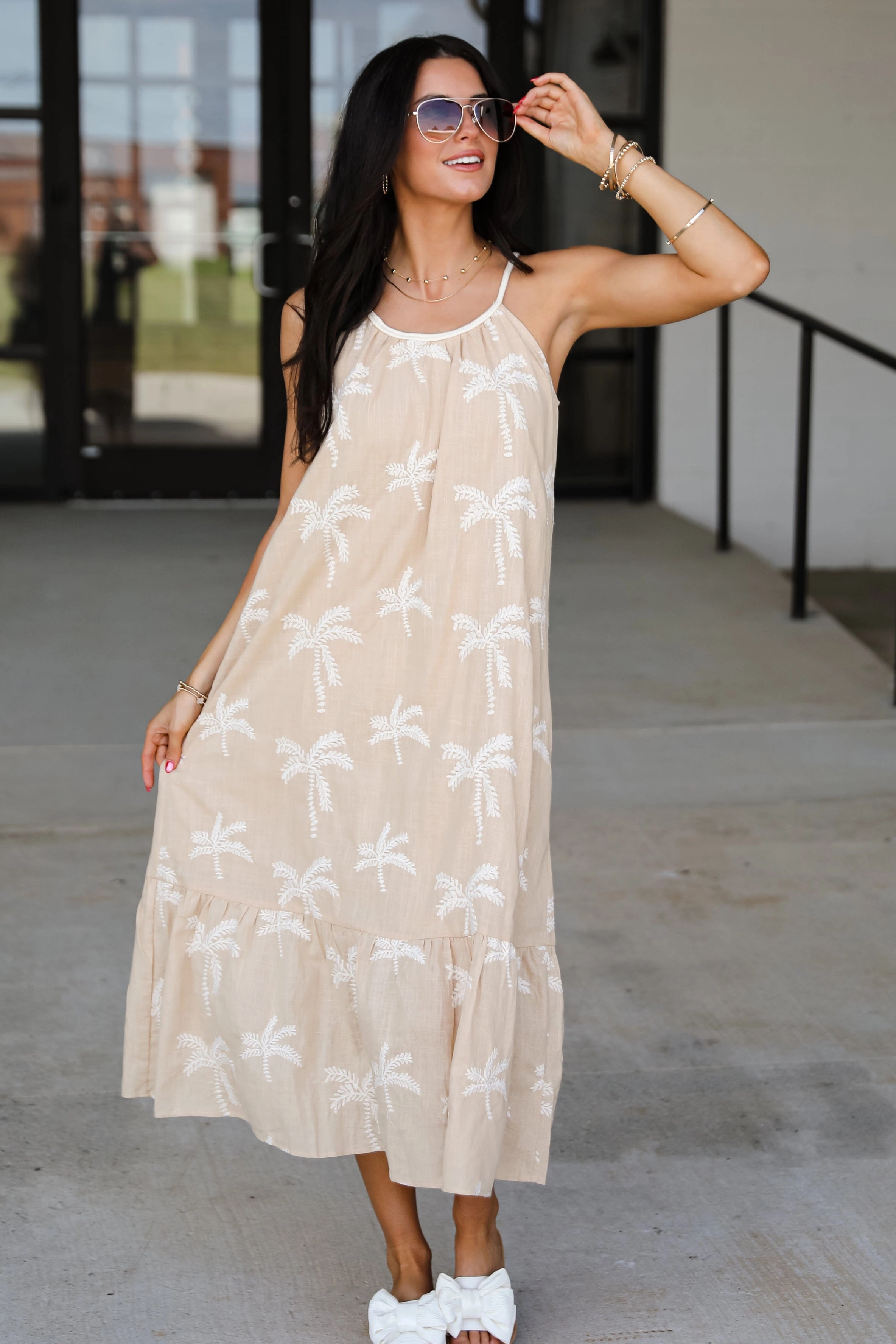 Premium Quality Gemstone-Detail FINAL SALE - Take Me To The Tropics Taupe Palm Tree Maxi Dress