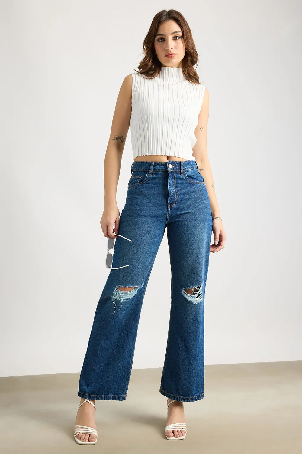 Navy Ripped Women's Wide Jeans Sleek Waist Design Quick Matchup