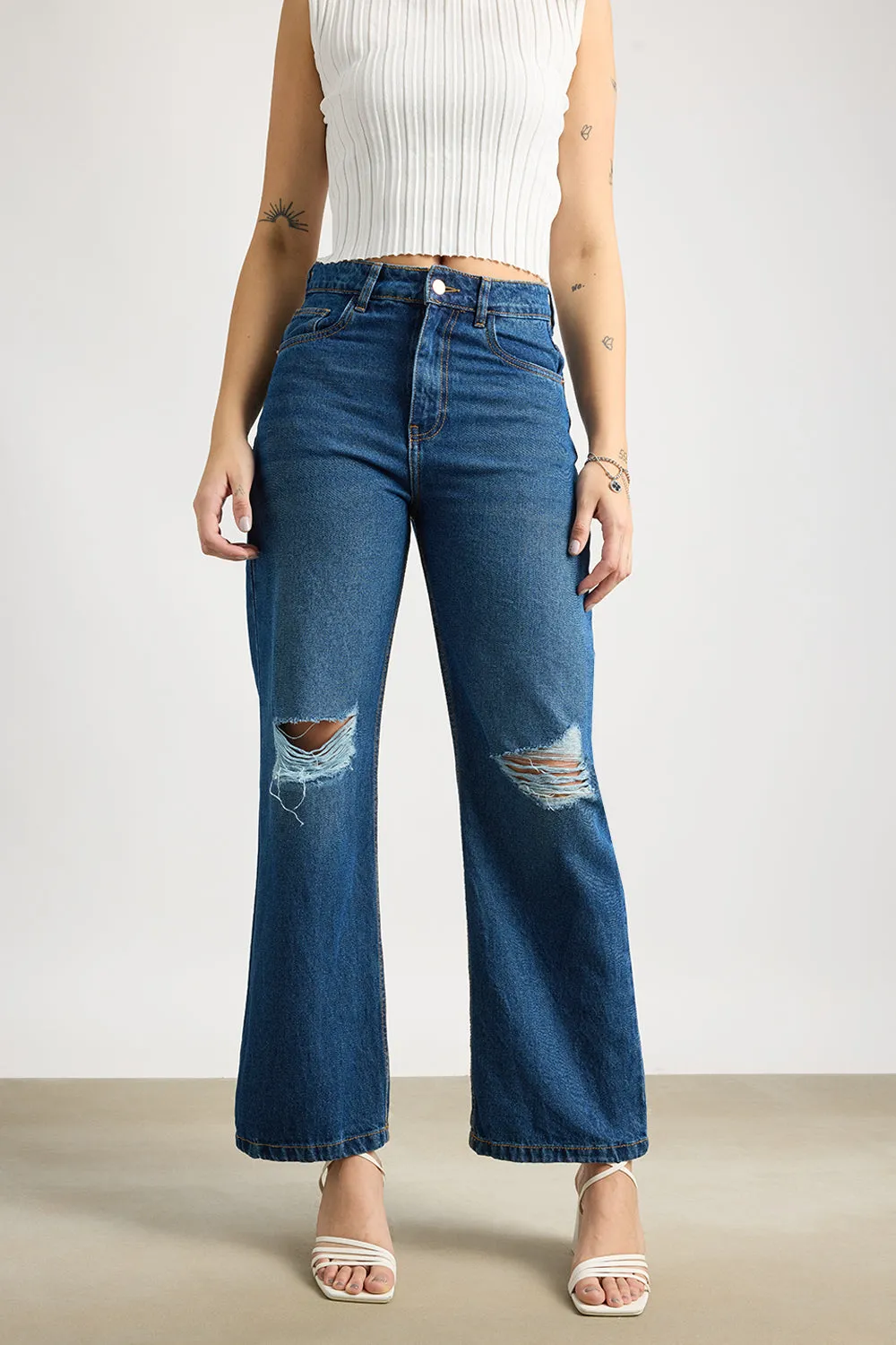 Navy Ripped Women's Wide Jeans Weekend Warrior Festival Outfit Smooth All Fit Style