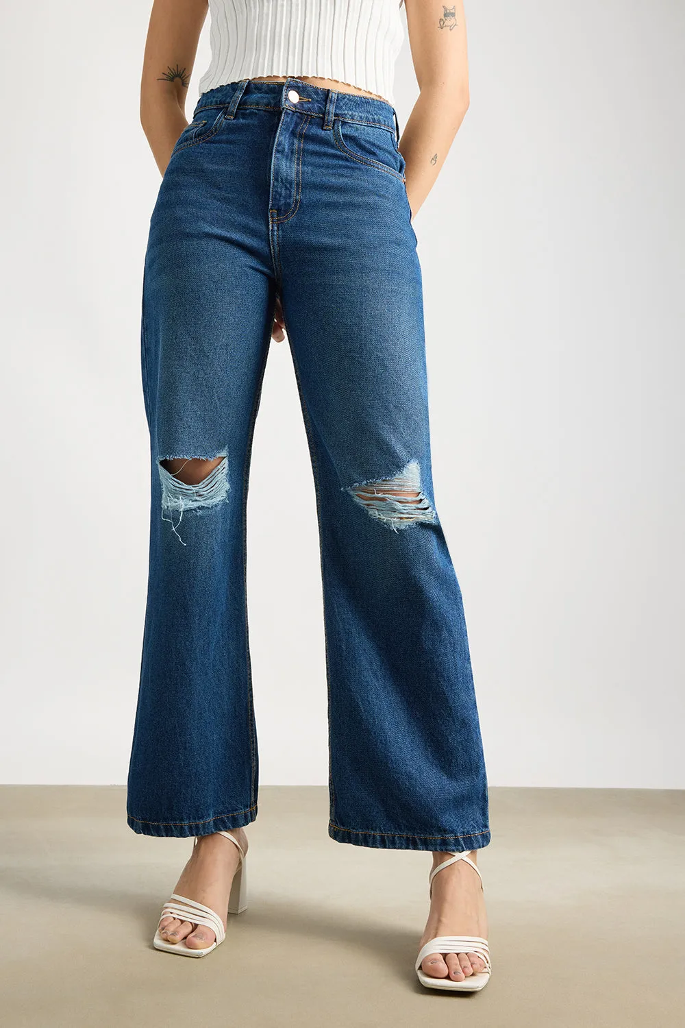 Navy Ripped Women's Wide Jeans Comfy Touch