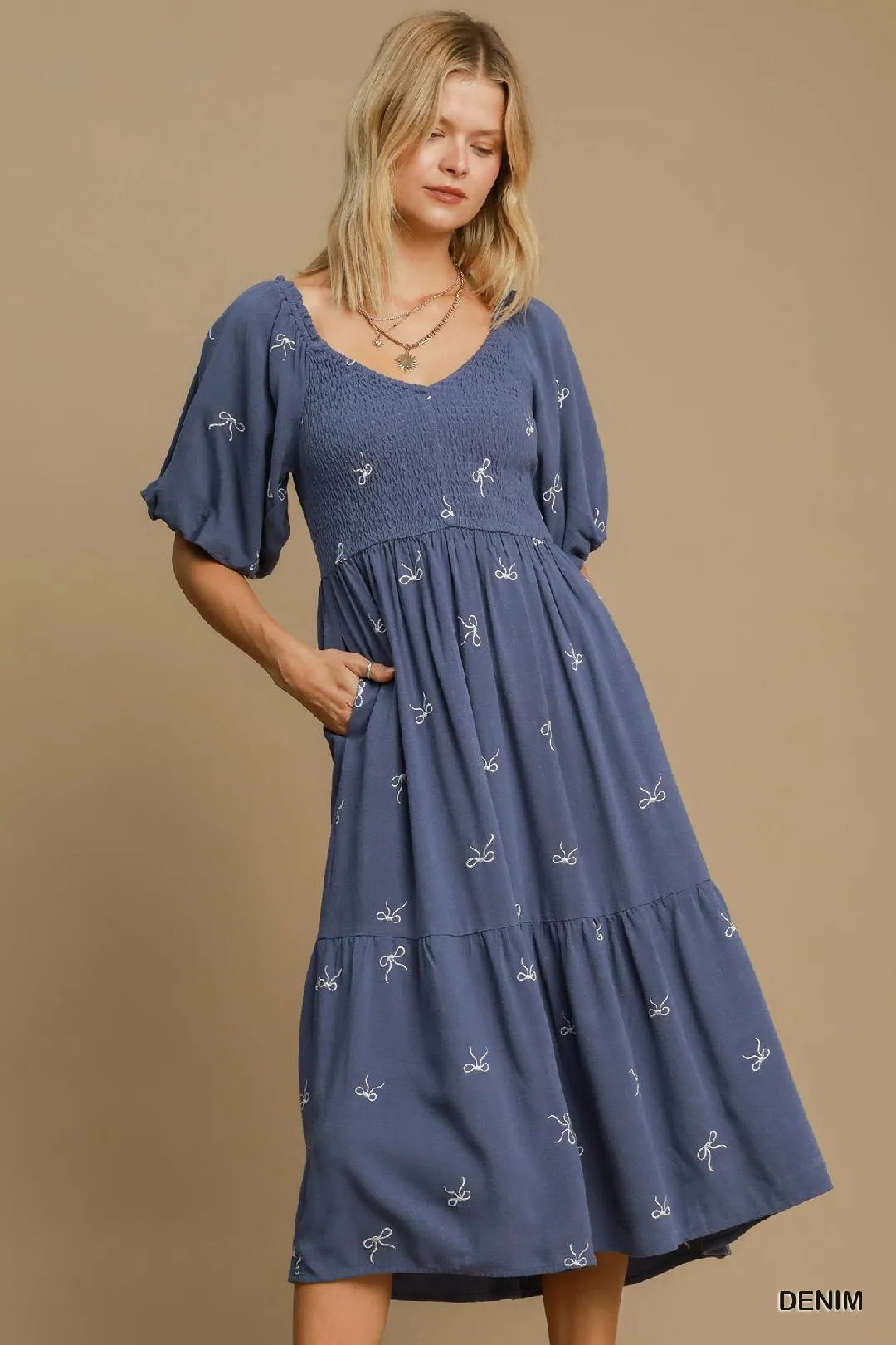 Blue Linen Blend Tiered Ribbon Embroidered Dress Guest Glam Tailored Elegance