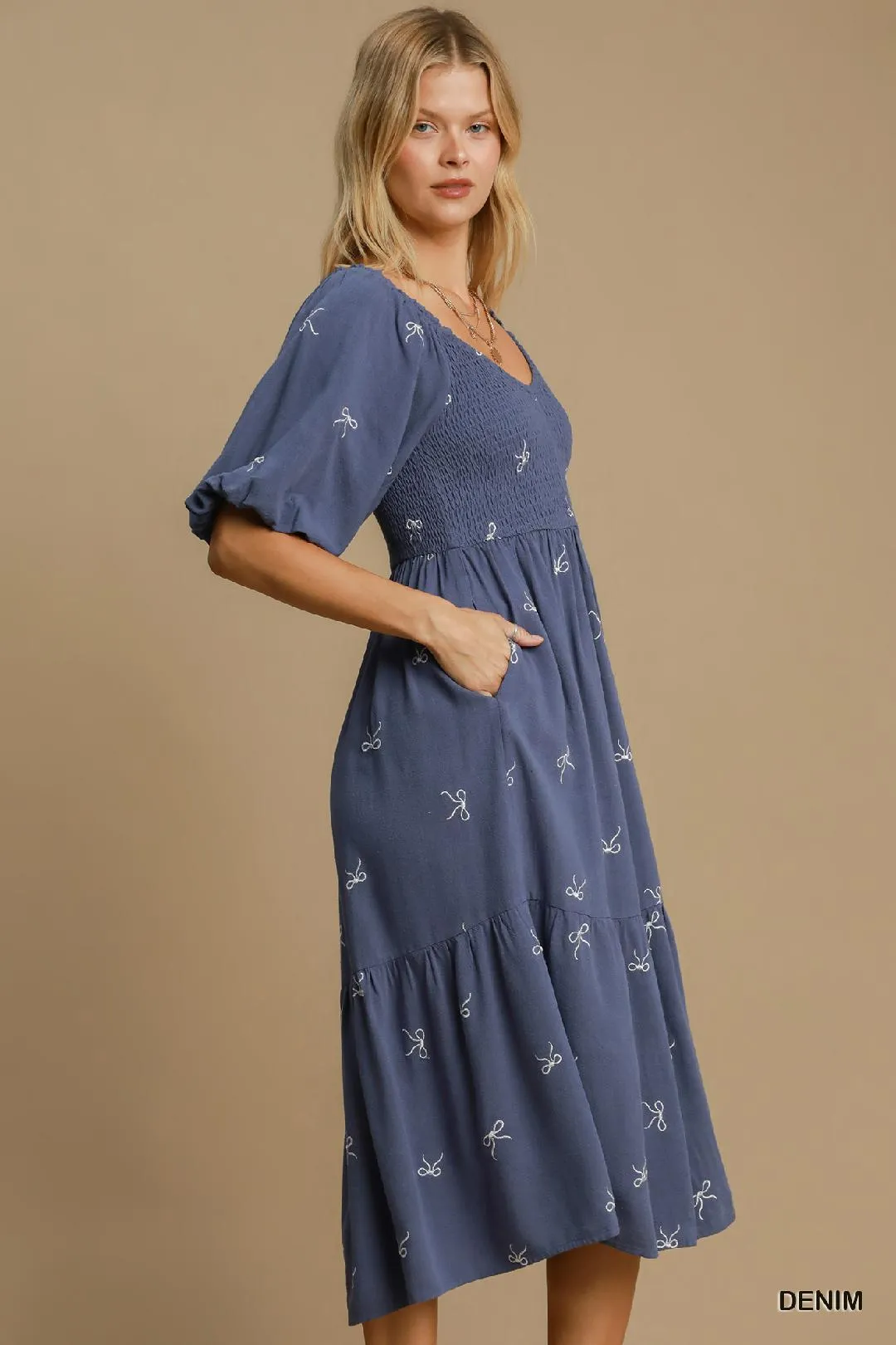 Blue Linen Blend Tiered Ribbon Embroidered Dress Soft Lines Daily Essential