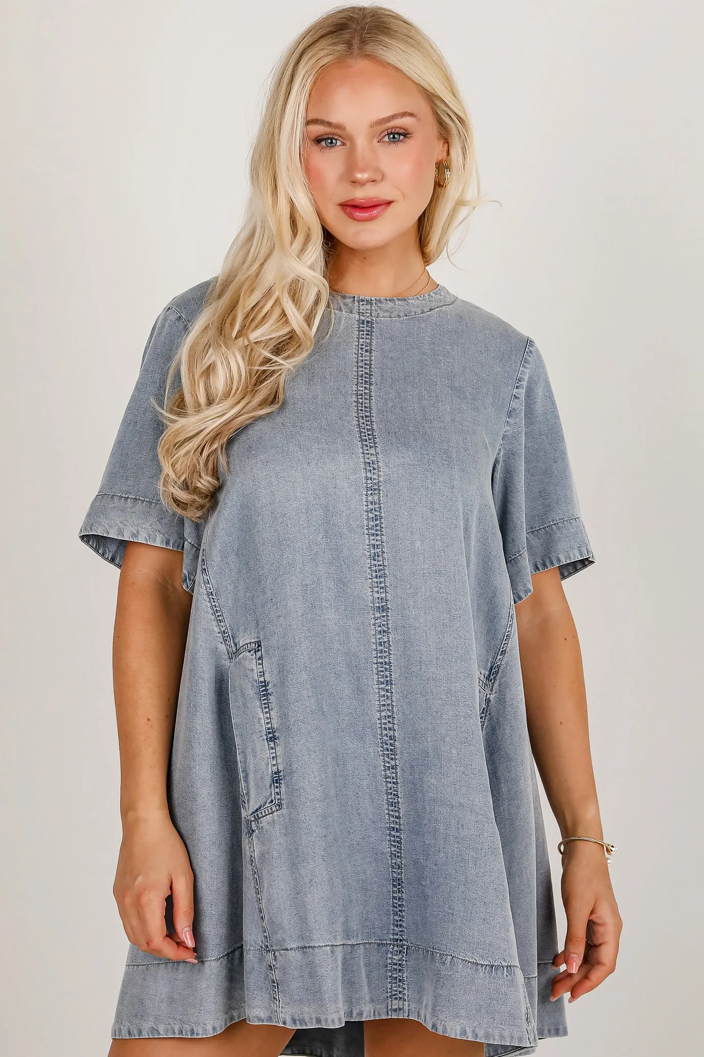 FINAL SALE - Lovable Spirit Denim Mini Dress Flattering Shape Look Belted-Style