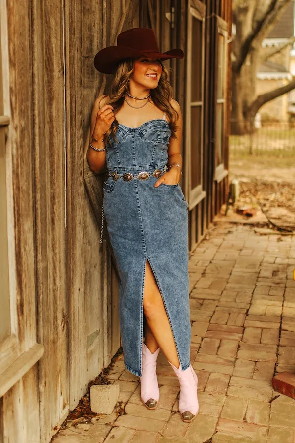 Soft Shine WrinkleResistantFinish Denim Strapless Maxi Dress