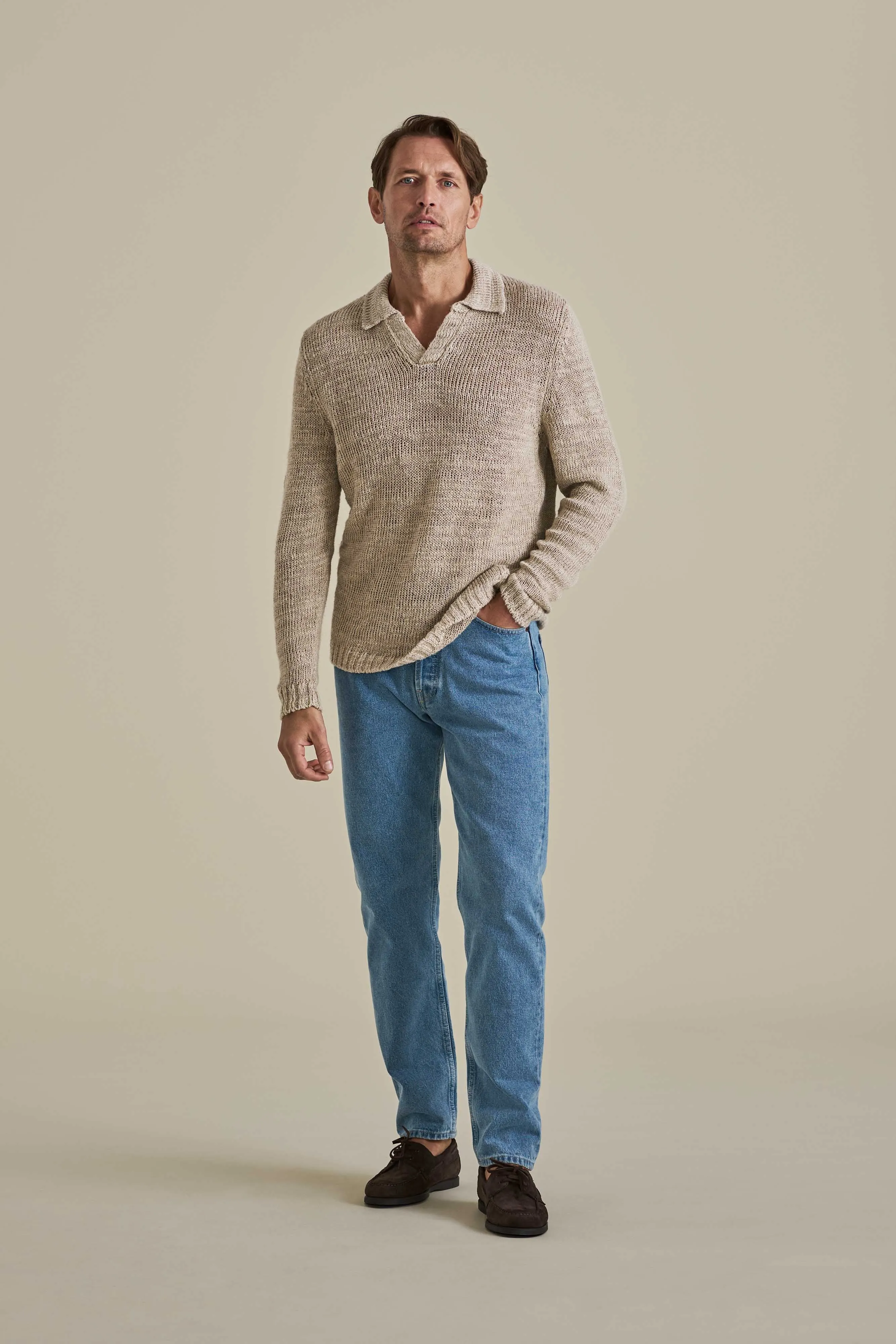 Midweight Feel DenseKnit Fabric Linen Long Sleeve Wide Gauge Skipper Polo Shirt