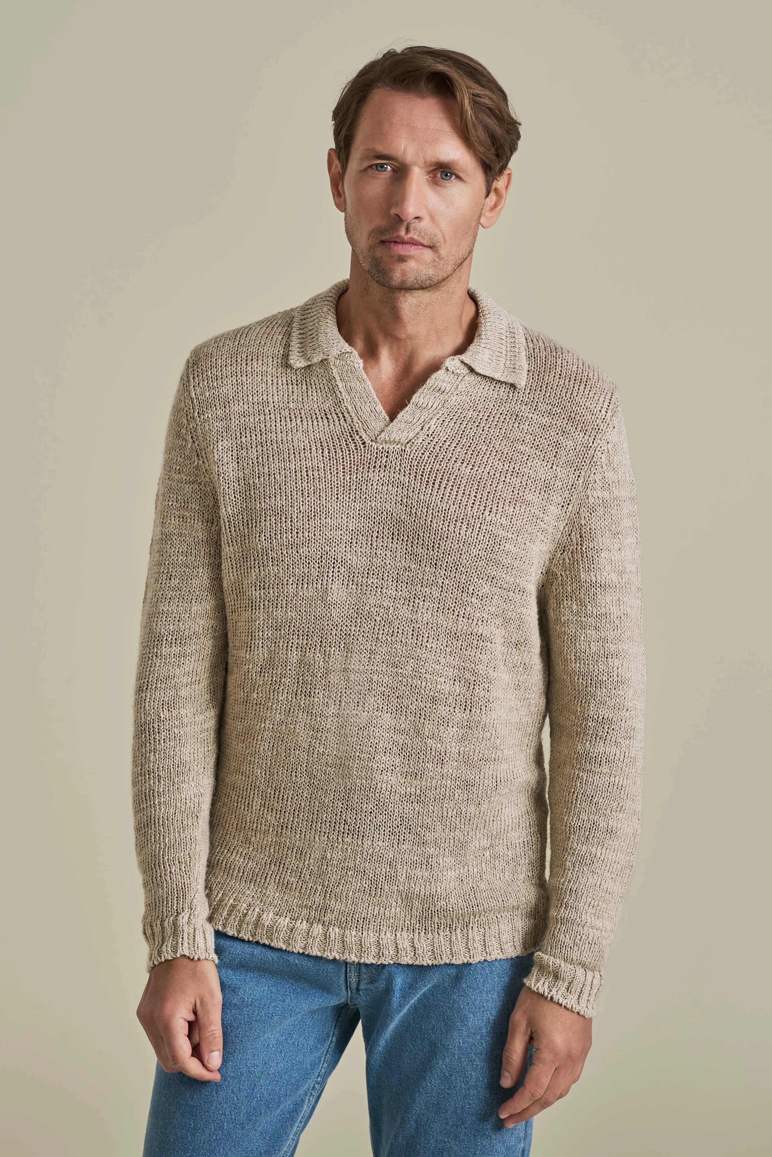 Ribbed Collar Design Linen Long Sleeve Wide Gauge Skipper Polo Shirt