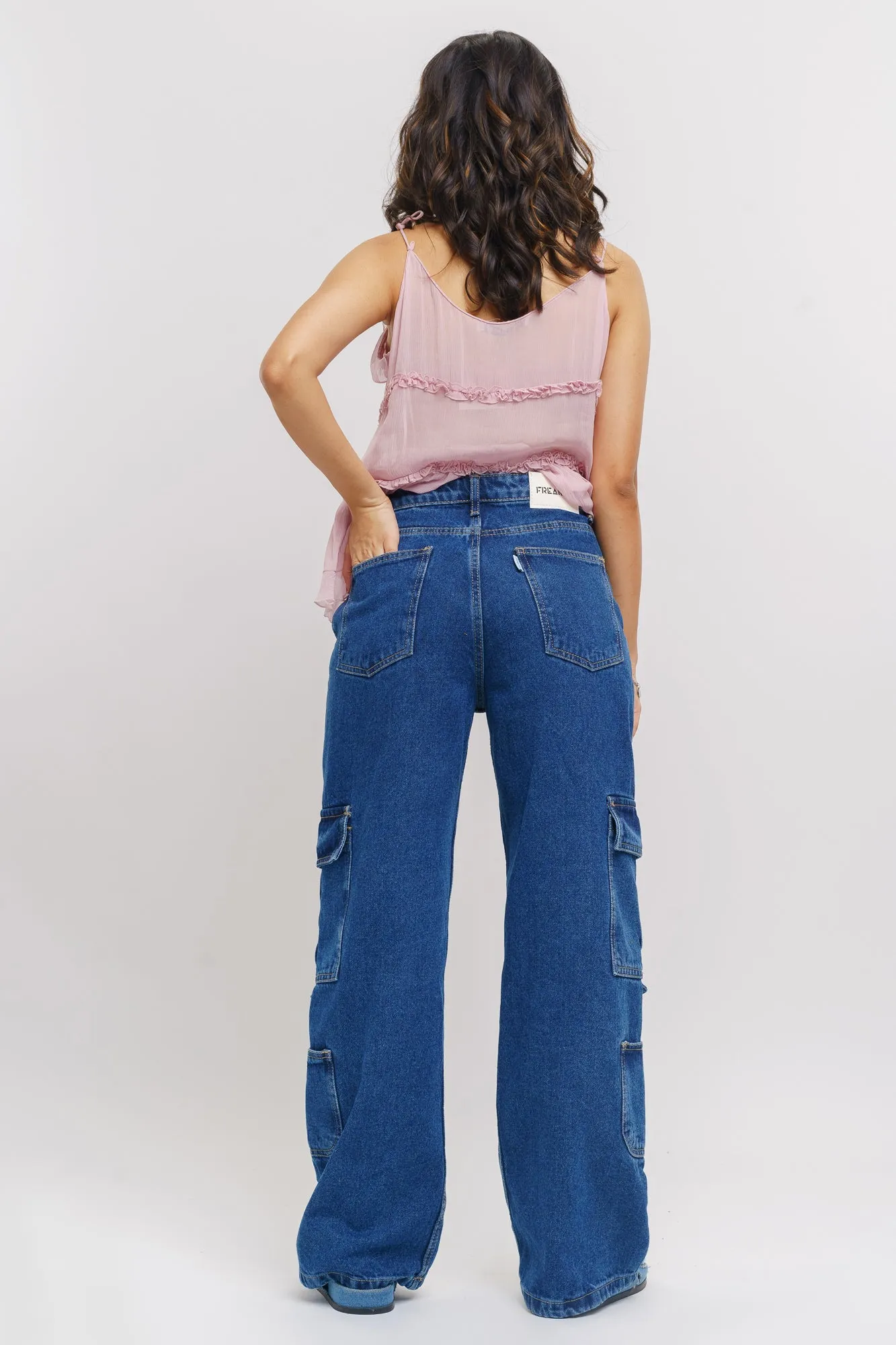 Dense Blue Side Pocket Women's Baggy Straight Cargo Jeans Casual Friday Versatile Trend Setter Sunny Vibes