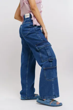 Dense Blue Side Pocket Women's Baggy Straight Cargo Jeans Outfit Basic Artist Vibe Comfy