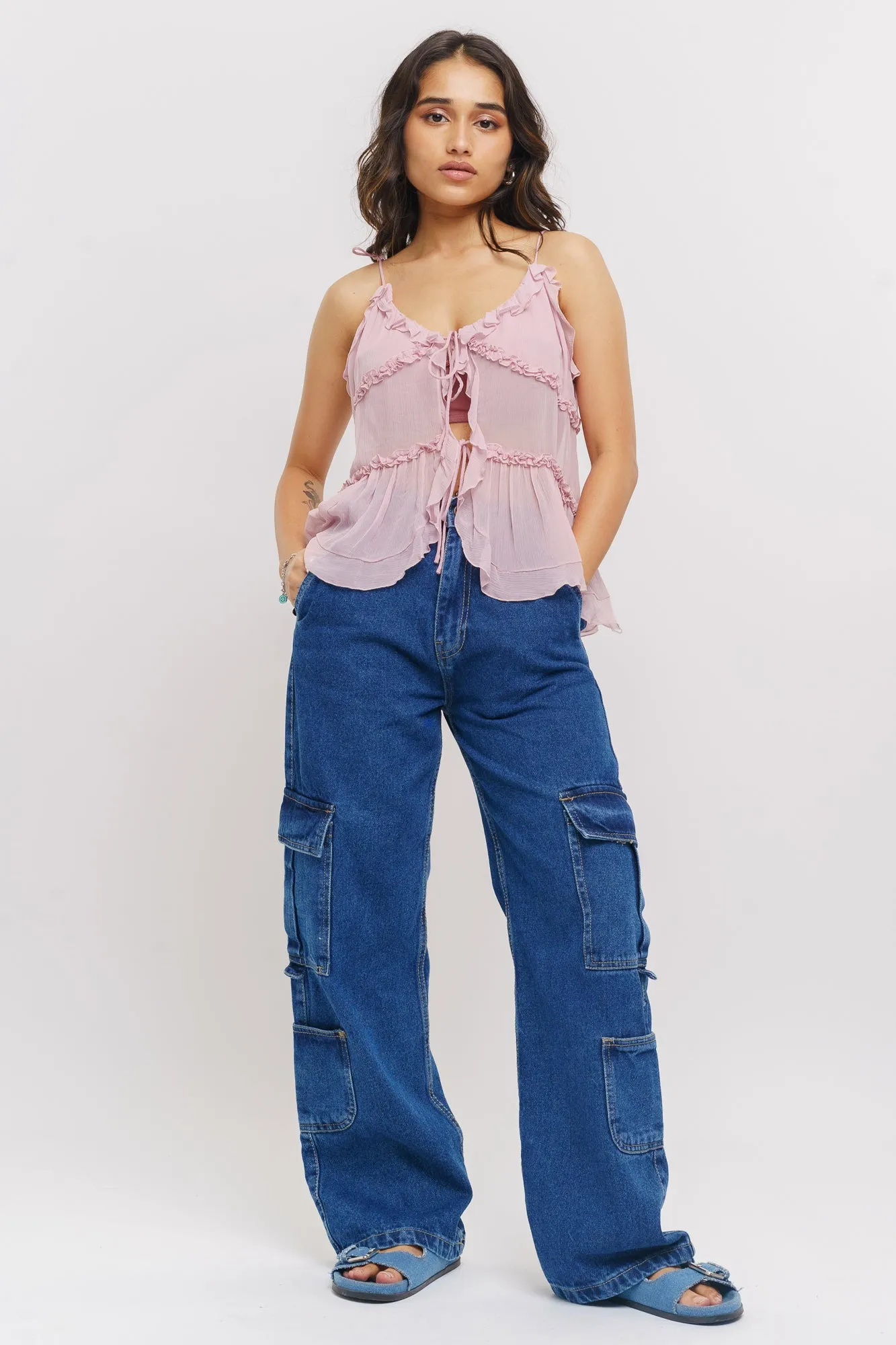 Hidden Rivet Details Dense Blue Side Pocket Women's Baggy Straight Cargo Jeans