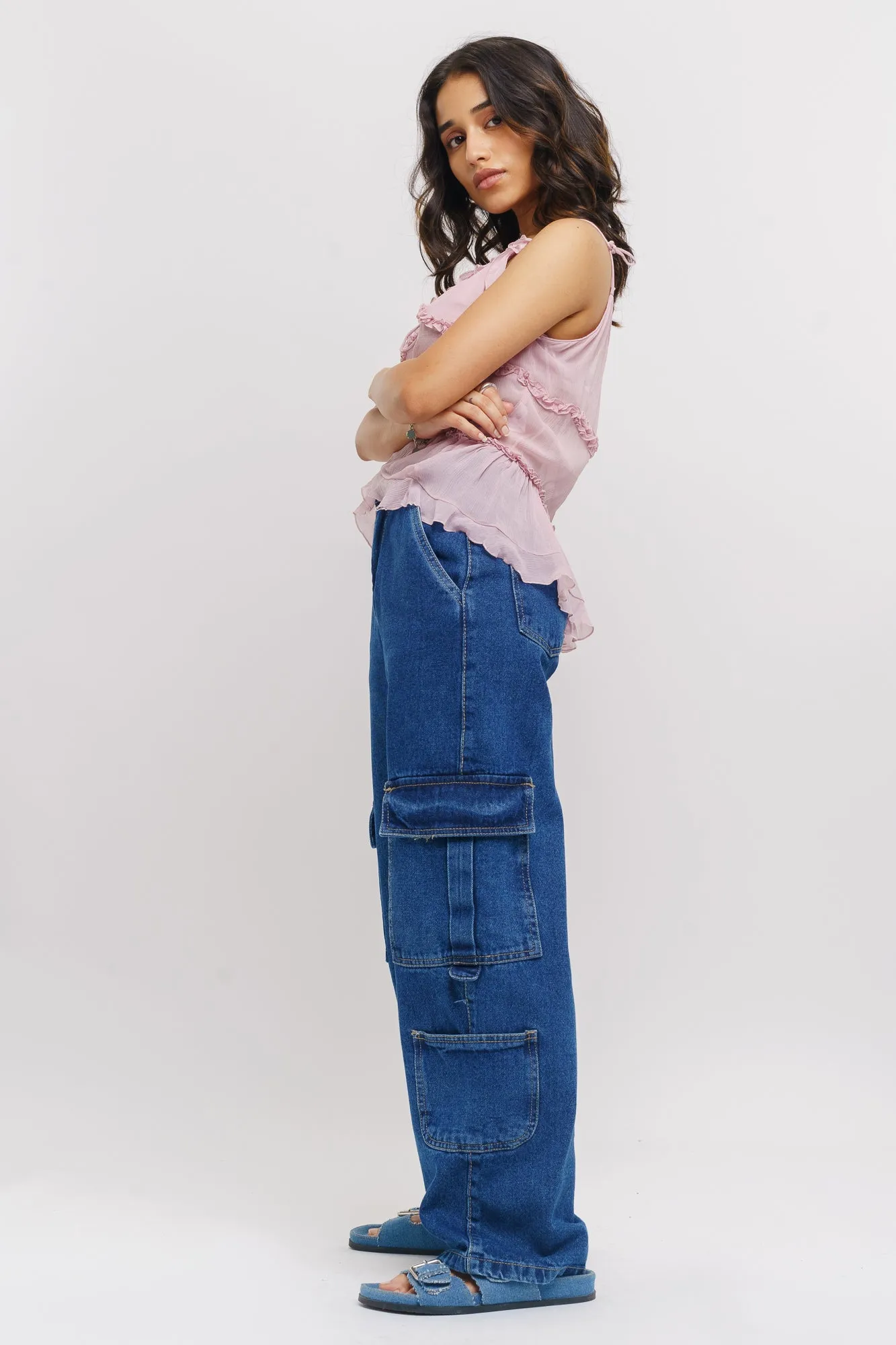 Slim Holiday Vibes Teen Outfit Dense Blue Side Pocket Women's Baggy Straight Cargo Jeans