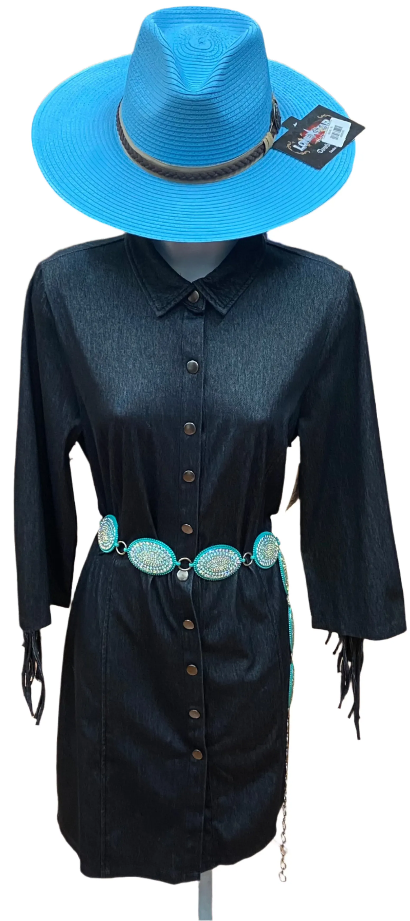 Black Denim Knit Dress w/ Fringe Details Indoor Event