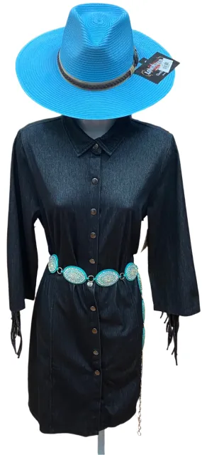 Smooth Flow Warm Touch Black Denim Knit Dress w/ Fringe Details