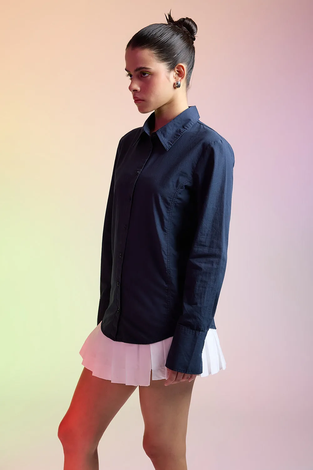 Smooth Cotton Blend Navy Blue Cotton Slim Fit Shirt