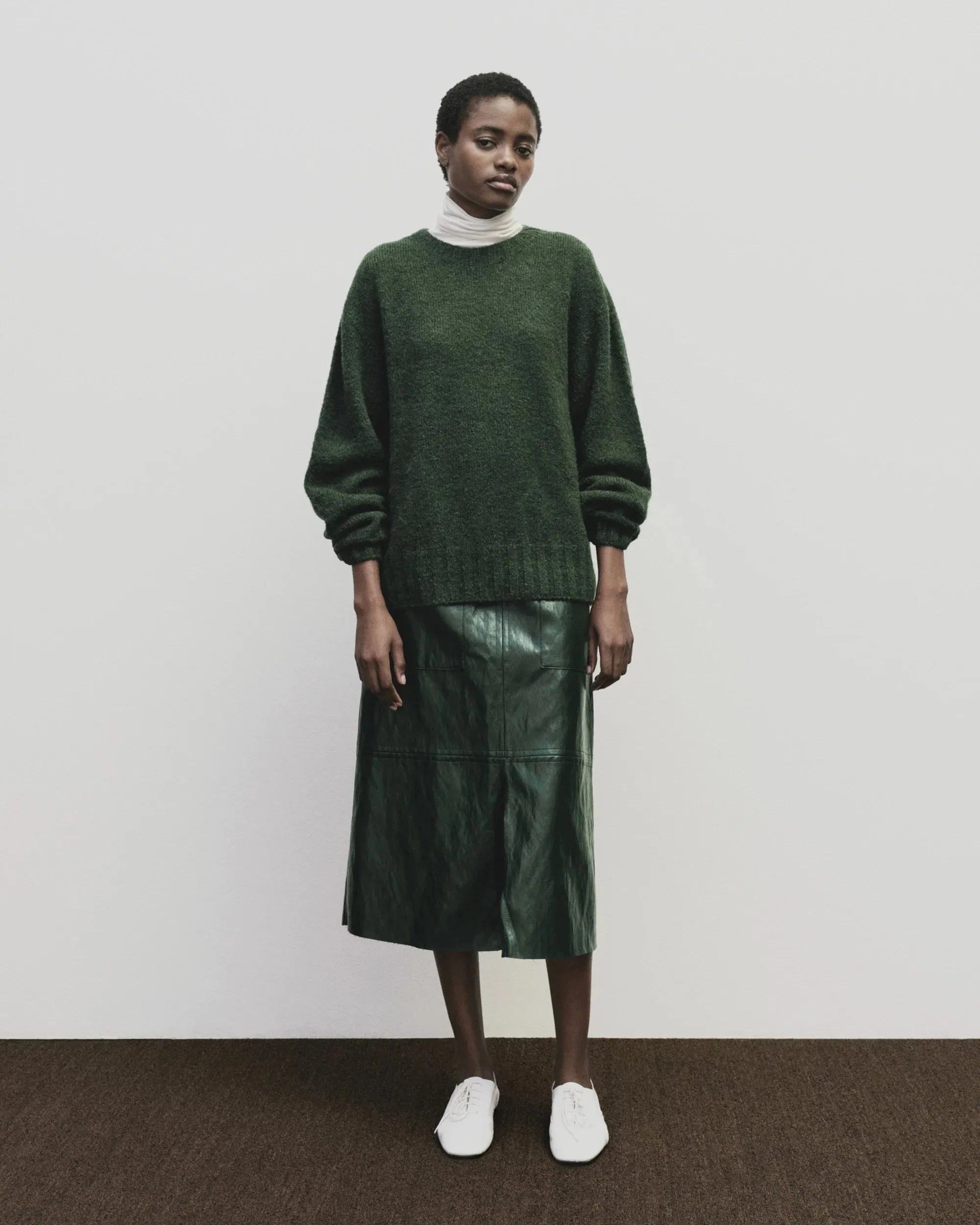 Green Faux Leather Skirt Minimalist Layering Tiered hem