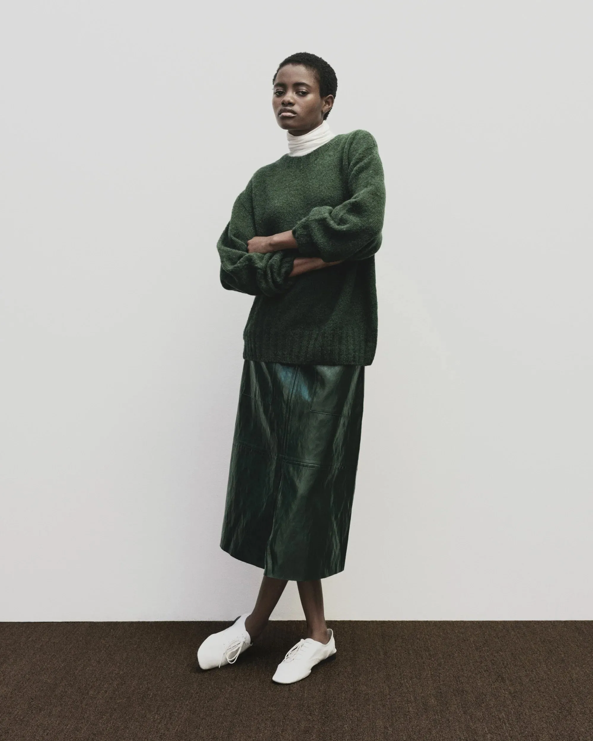 Two Tone Trim Scalloped Edge Green Faux Leather Skirt