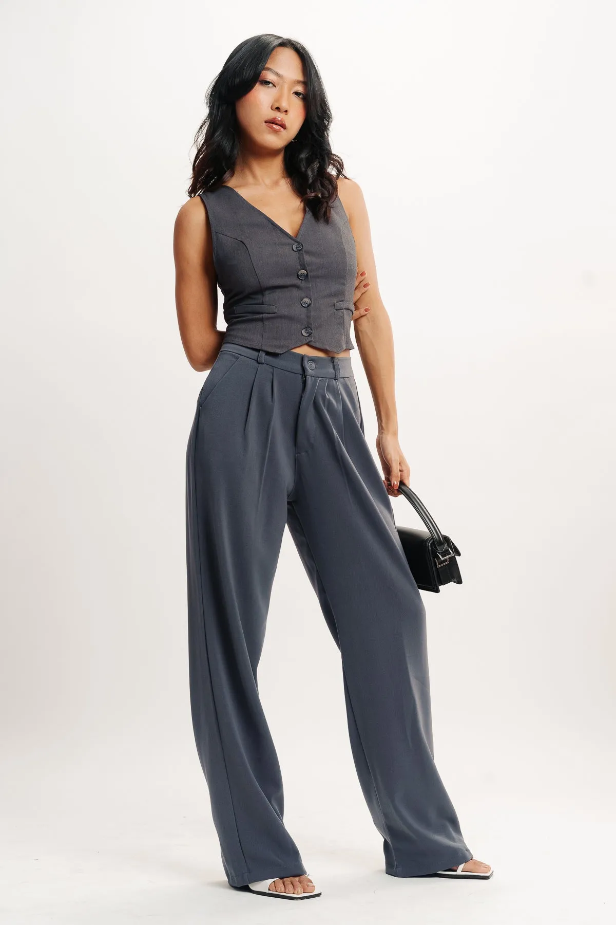 Flexible Comfort Work Ready Grey Double Pleated Women's Wide Korean Pants