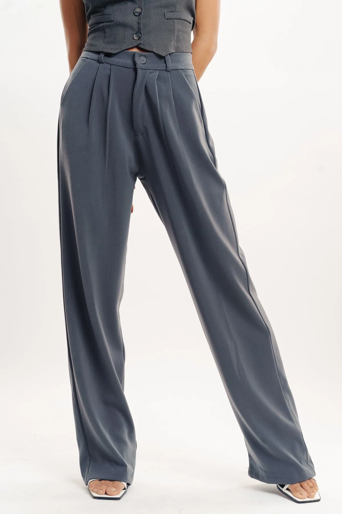 Grey Double Pleated Women's Wide Korean Pants StainResistantFinish Roomy Fit